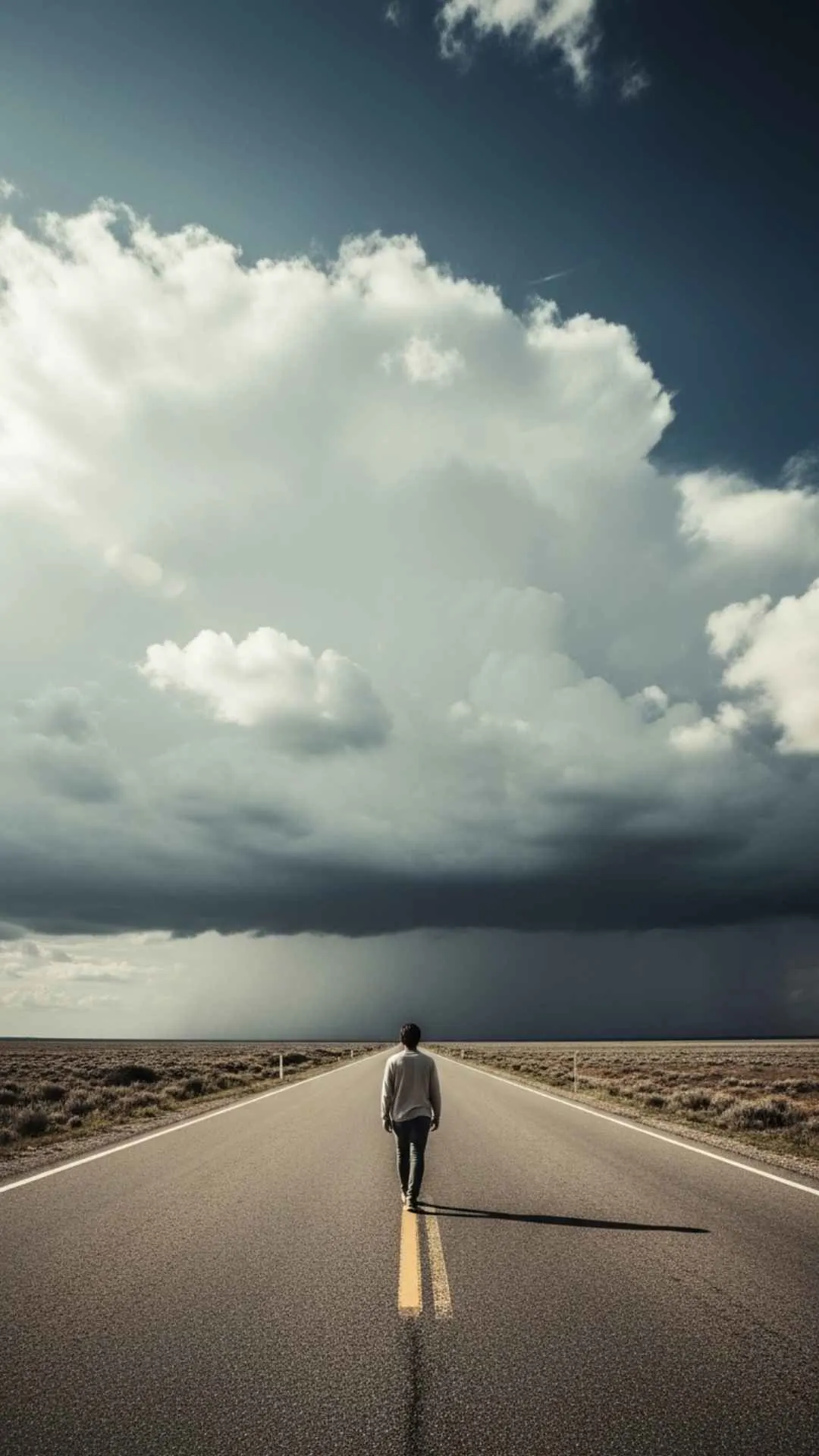 Reflective unique lonely DP of a solitary figure walking on an empty road under a vast sky, ideal for a contemplative WhatsApp profile.