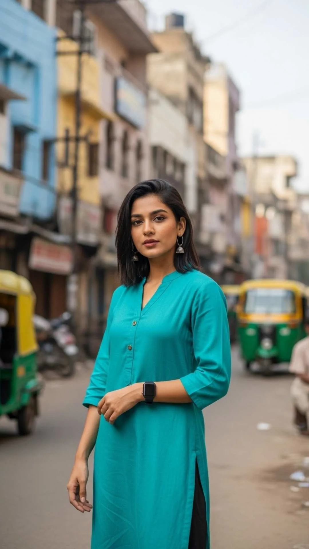 Urban Desi aesthetic DP, modern Indian woman, contemporary kurta, bustling city background, stylish profile picture, modern Indian fashion.