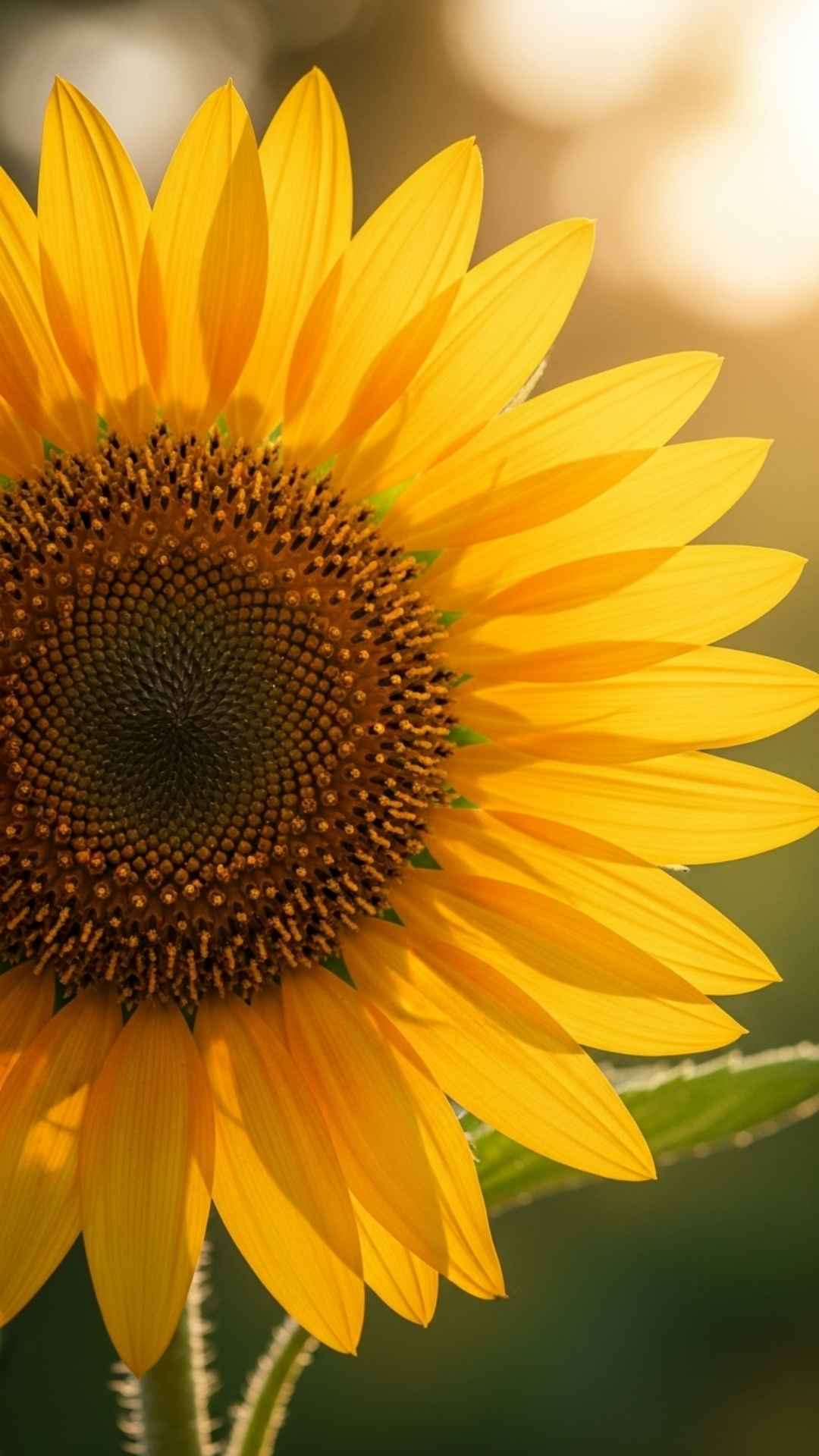 Vibrant sunflower in golden hour light, macro shot with bokeh background, joyful and optimistic mood