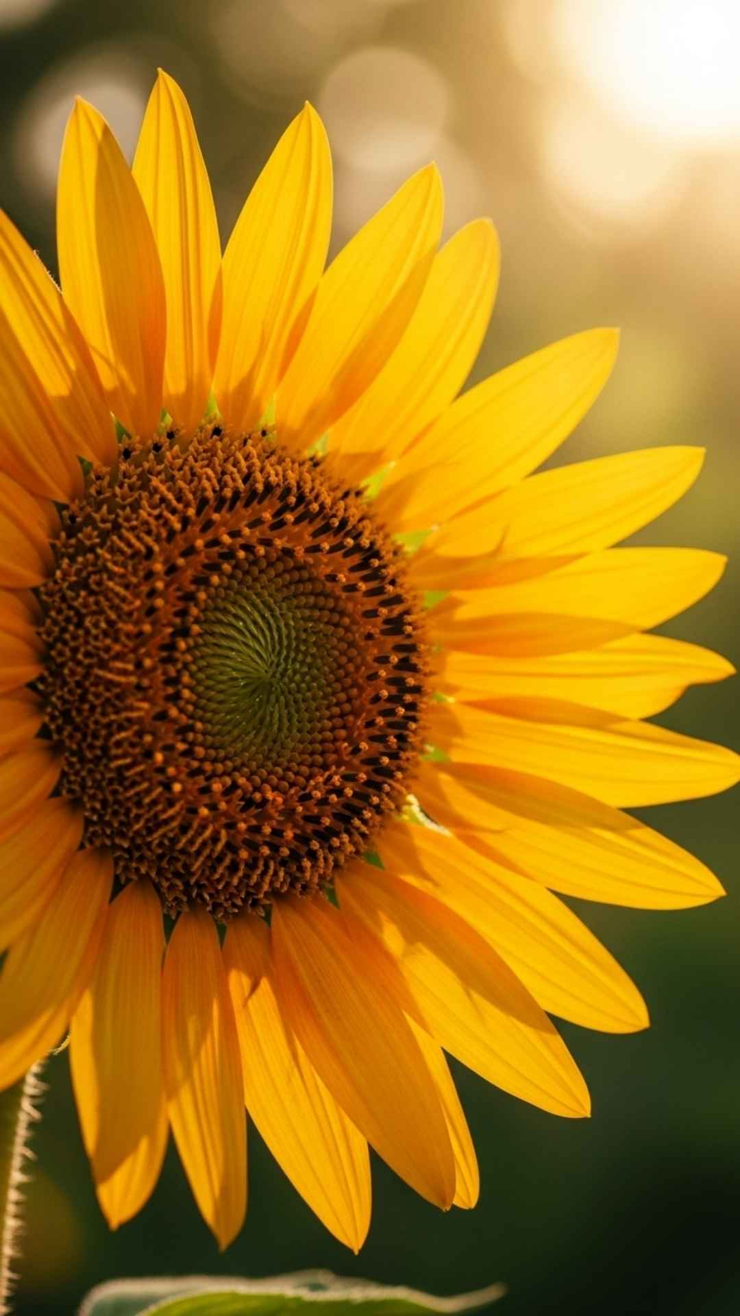 Vibrant sunflower in golden hour light, macro shot with bokeh background, joyful and optimistic mood