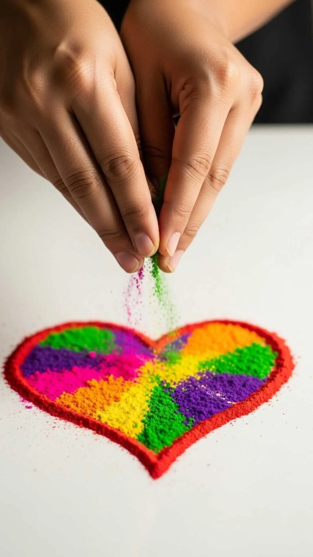 Hands pouring colorful Rangoli powder to form a heart, joyful collaboration, vibrant celebration, creating love