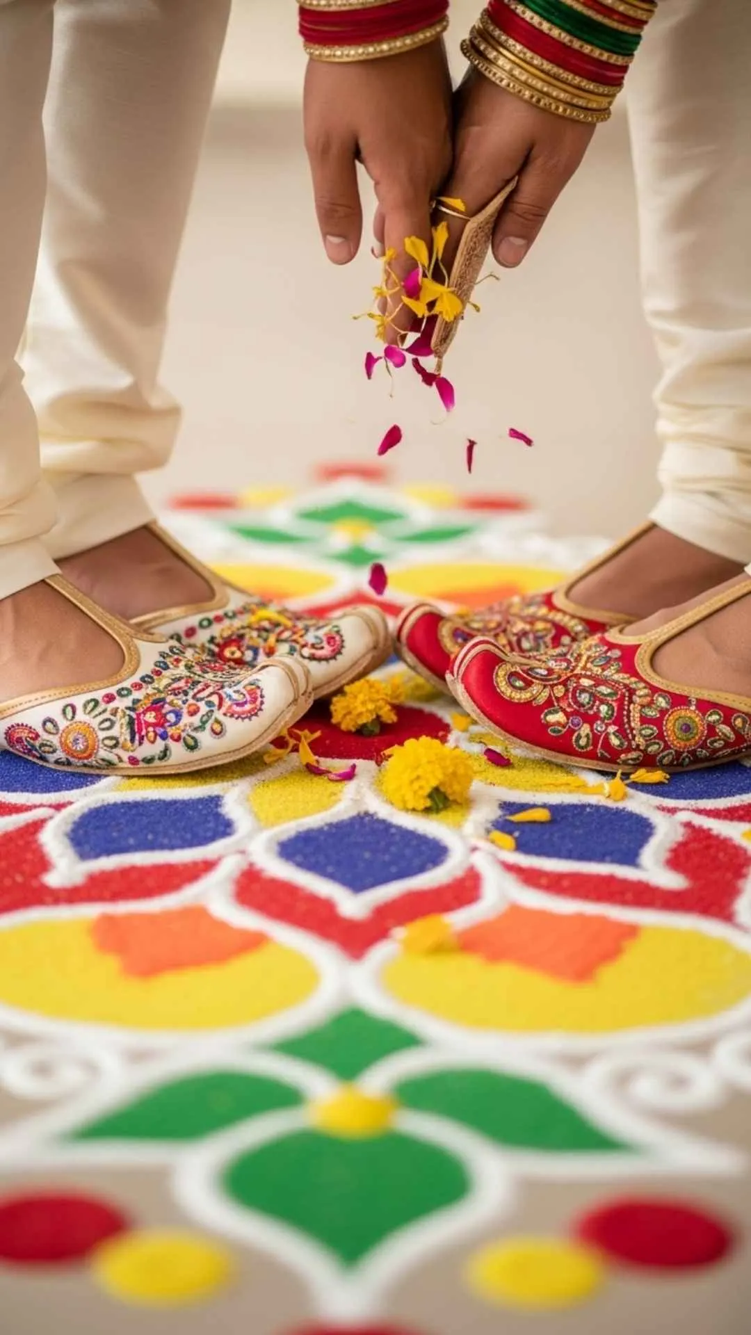 Playful Indian couple's feet in juttis on colorful Rangoli, joyful traditional celebration, love's vibrant steps.