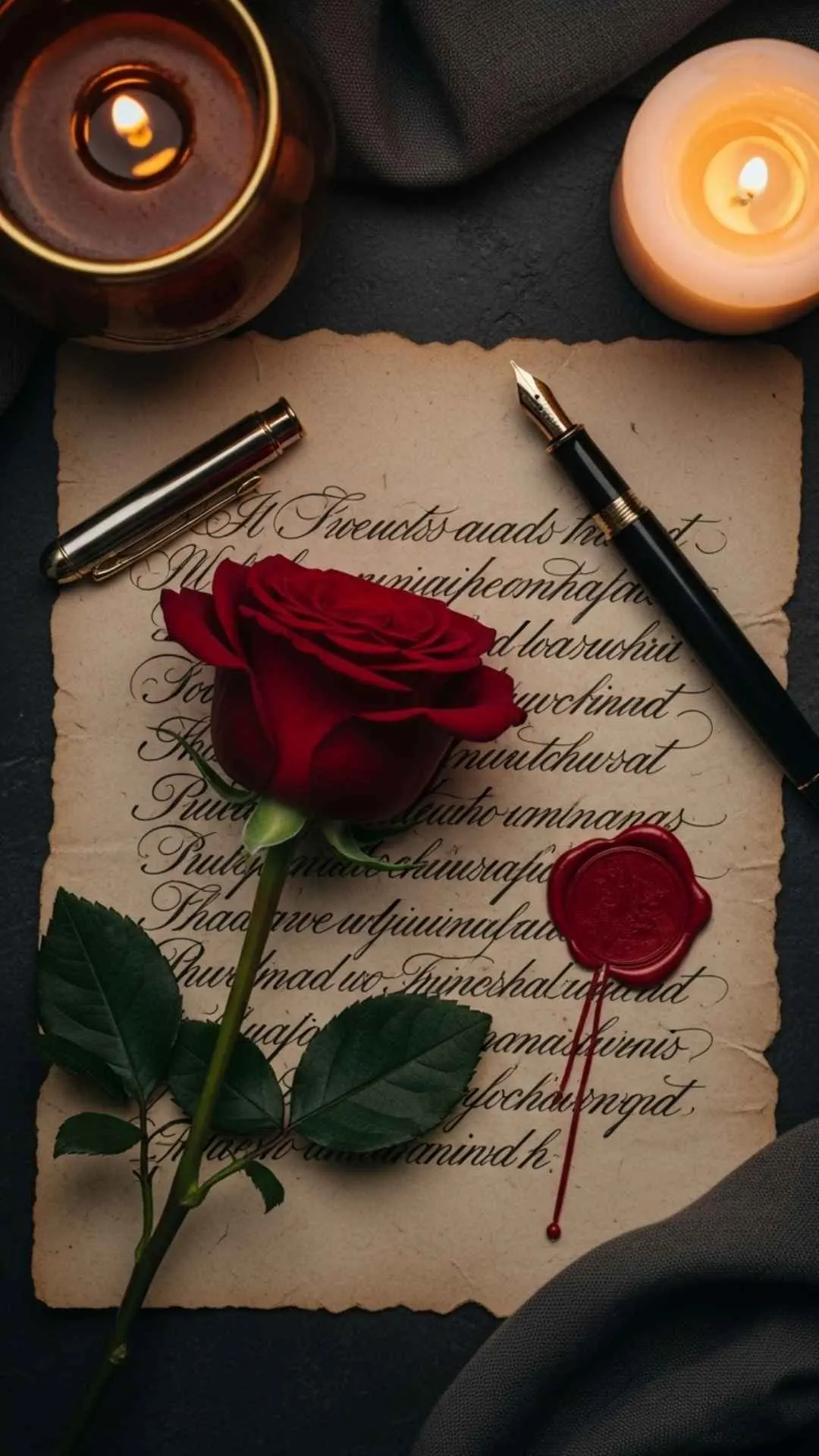 An aesthetic flat lay image of a red rose on a vintage love letter, a unique and artistic flower avatar for a DP that evokes timeless romance.