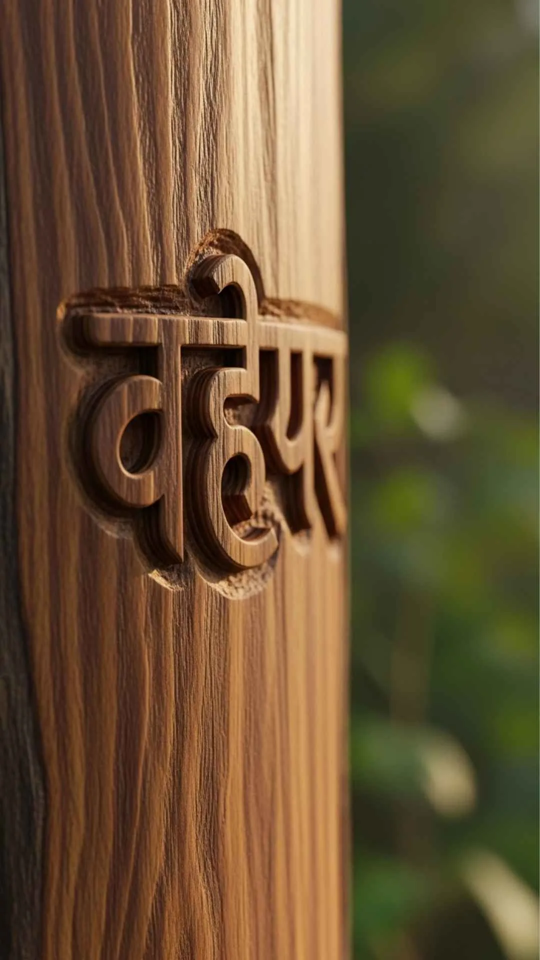 A rustic and peaceful DP of the word 'Waheguru' carved into dark wood, symbolizing a grounded and natural faith. #Waheguru #SikhArt #CarvedWood #Gurmukhi #Faith