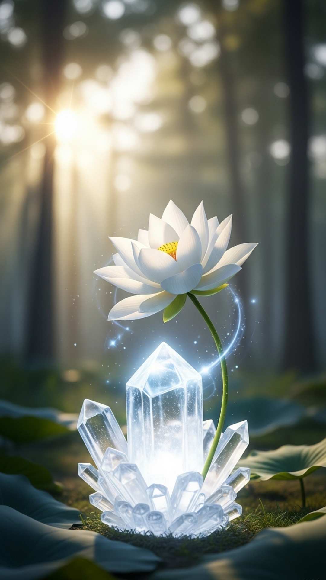 Pristine white lotus blooming from a glowing crystal cluster, fantasy style, peaceful forest background, serene and spiritual mood.