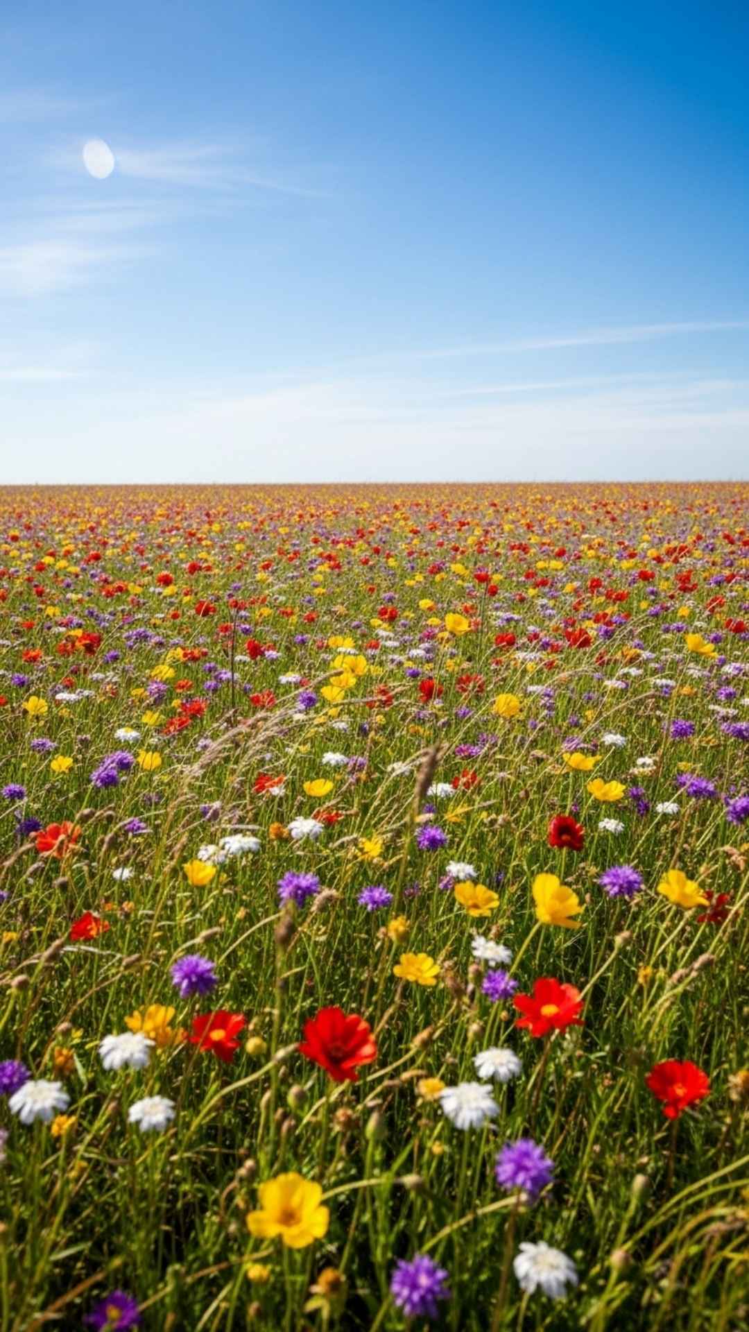 Cinematic wide shot of a vibrant wildflower field, sunny day, gentle breeze, joyful and energetic mood.