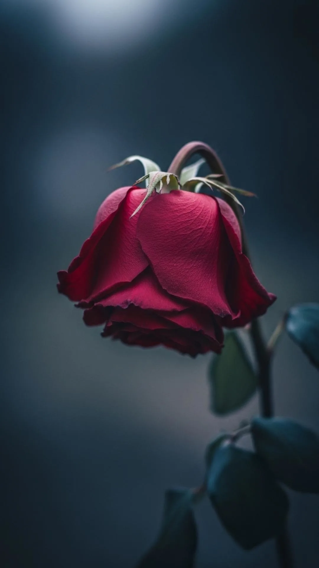 Wilting rose DP, single drooping flower, lost love symbol, faded beauty, somber lighting, romantic sadness.