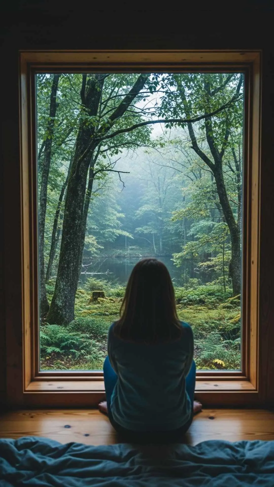 Peaceful window view to nature DP for WhatsApp, looking out onto a serene garden or forest. A calming indoor-outdoor nature profile pic.
