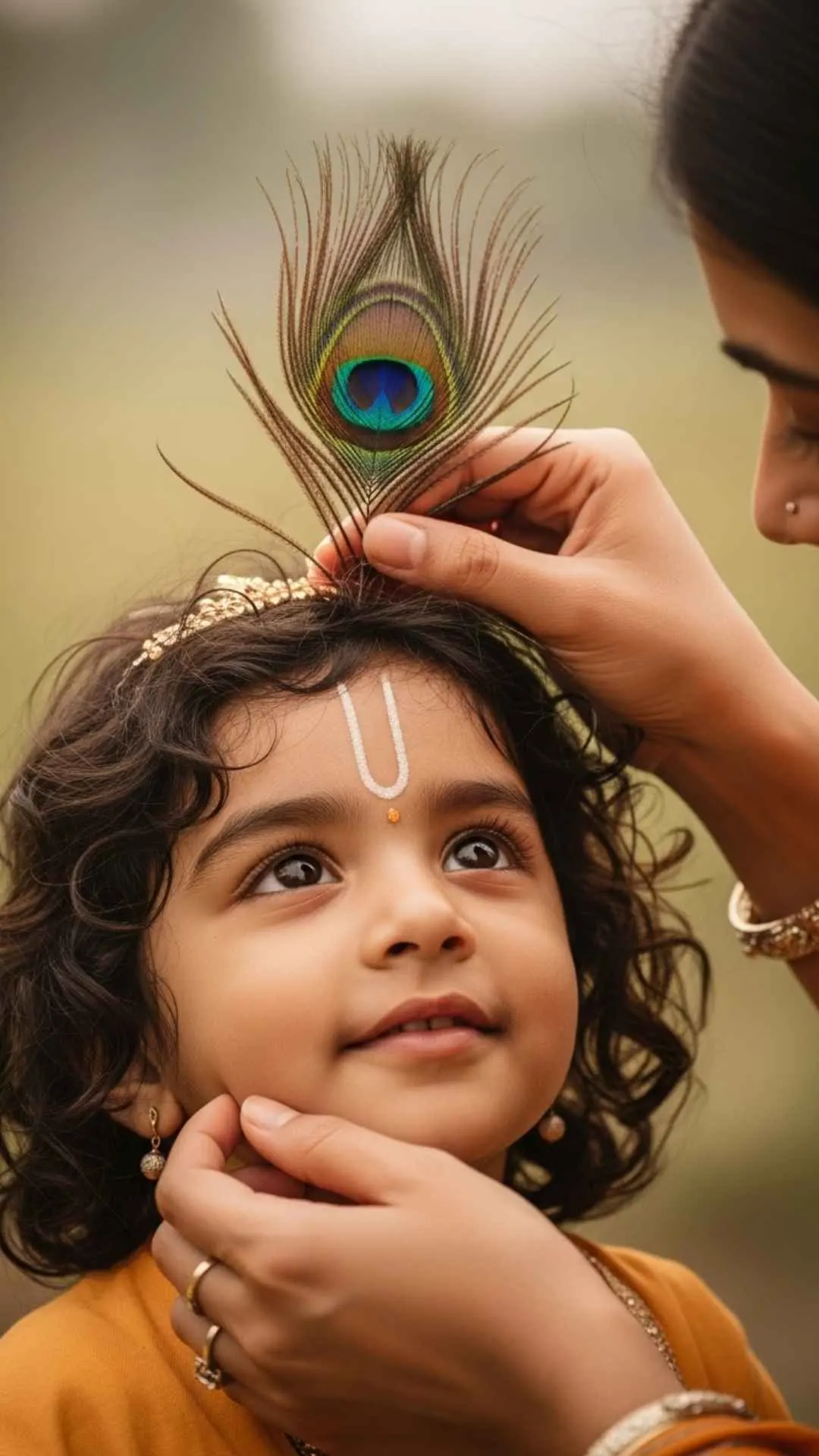 A tender DP showing Mother Yashoda's hands adorning baby Krishna with a peacock feather, a symbol of maternal love. #YashodaKaLalla #MothersLove #BabyKrishna #DivineMoment #Tender