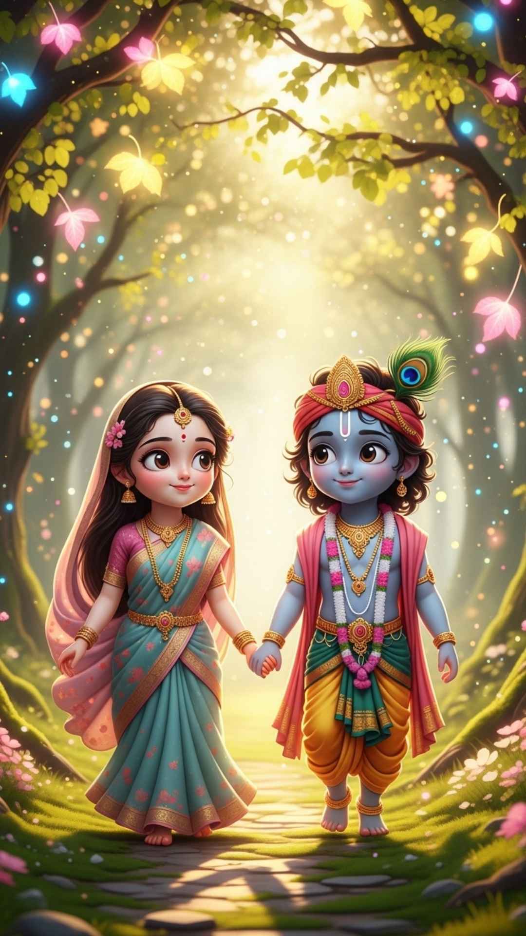 Adorable anime-style Radha and Krishna holding hands, a sweet and youthful image of divine love.