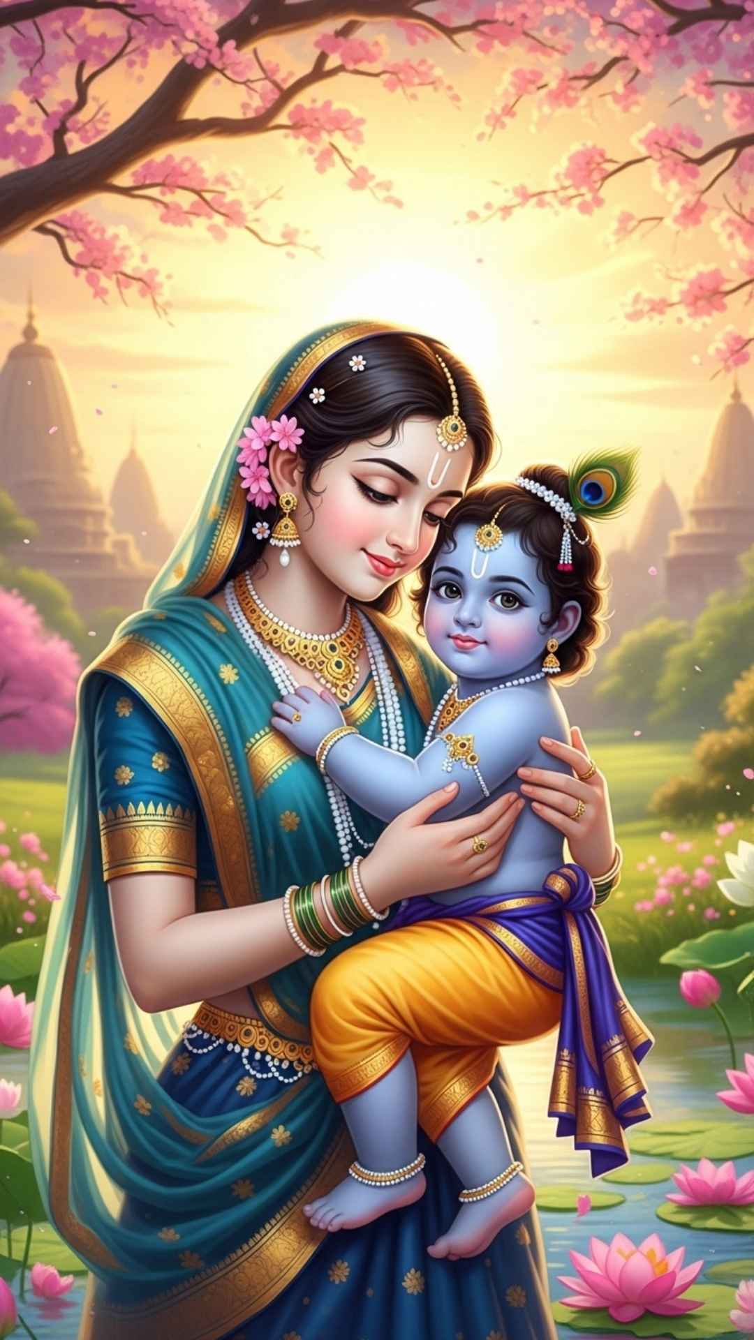Baby Krishna being cradled by a youthful Radha, a tender and heartwarming profile picture.