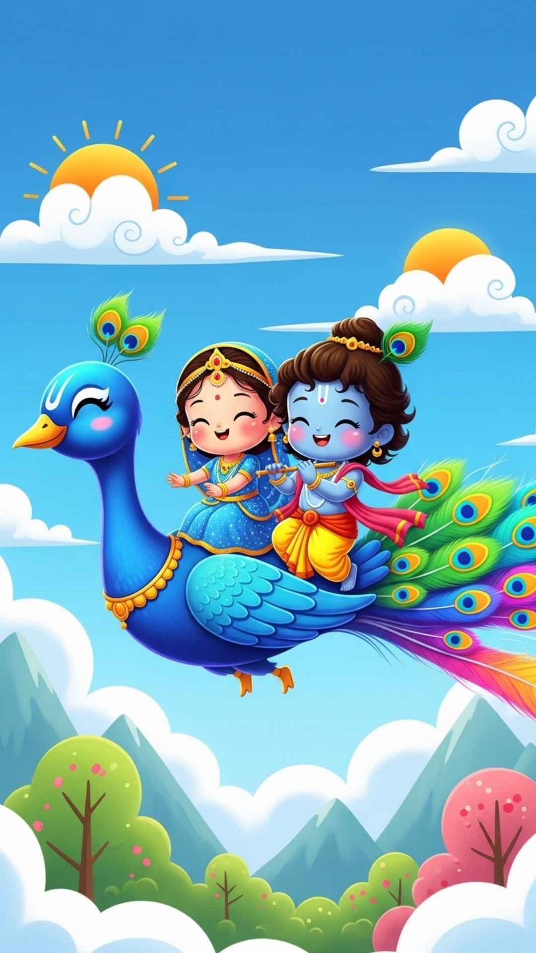 Playful cartoon image of Radha giving Krishna a ladoo, a joyful and adorable moment of love.