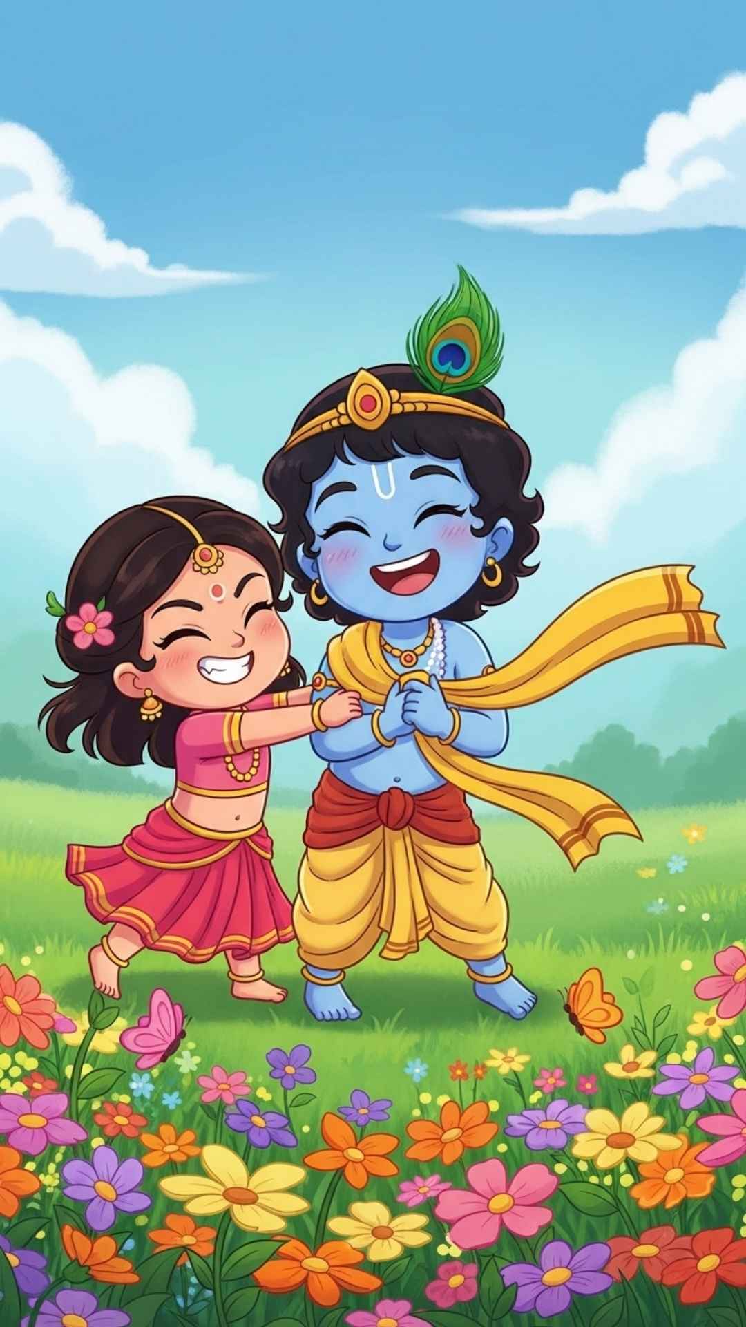 Playful cartoon Radha pulling Krishna's scarf, a youthful and happy image in a field of flowers.