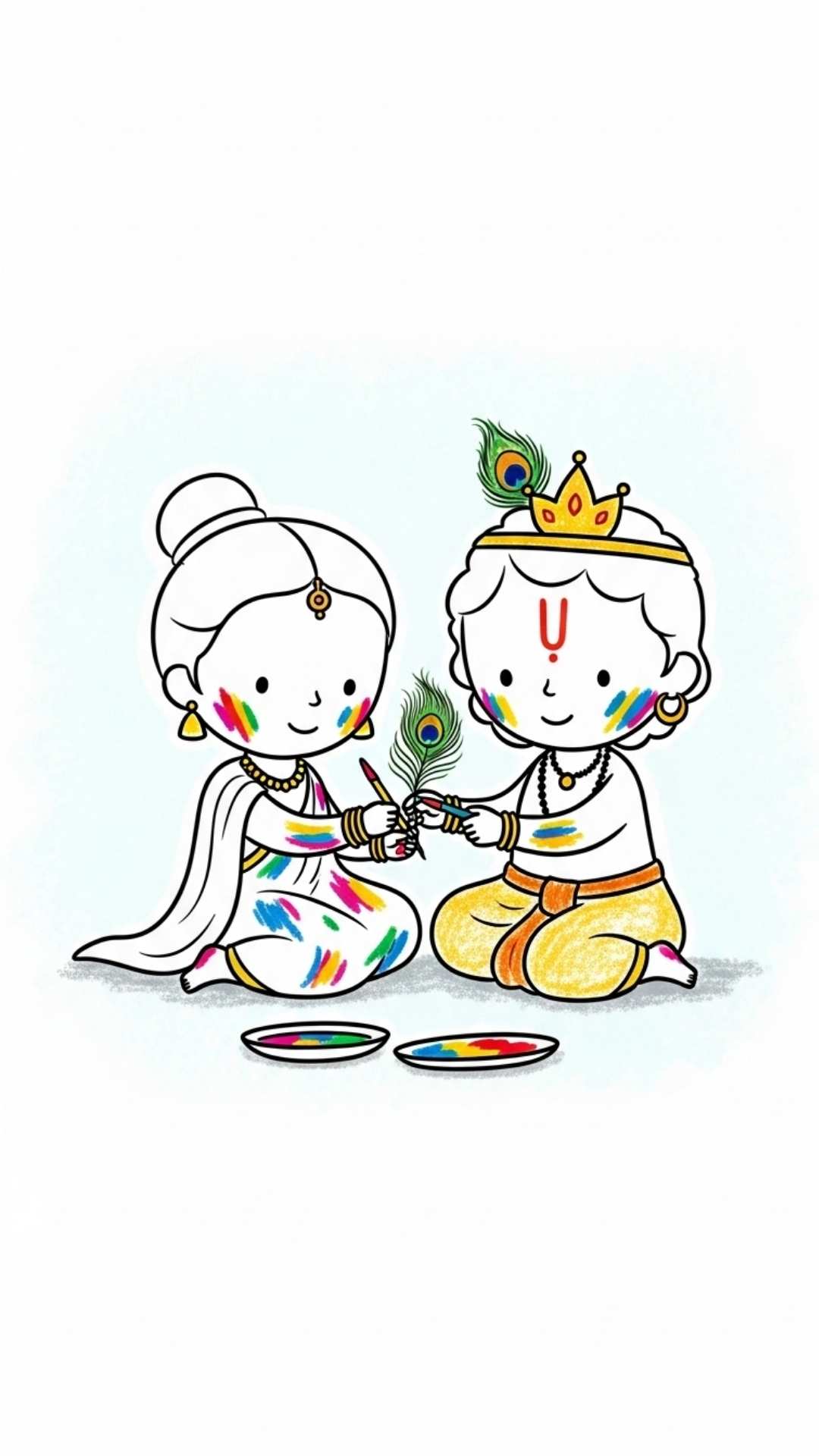 Cute chibi Krishna stealing butter from a giggling Radha, a playful and joyful divine scene.