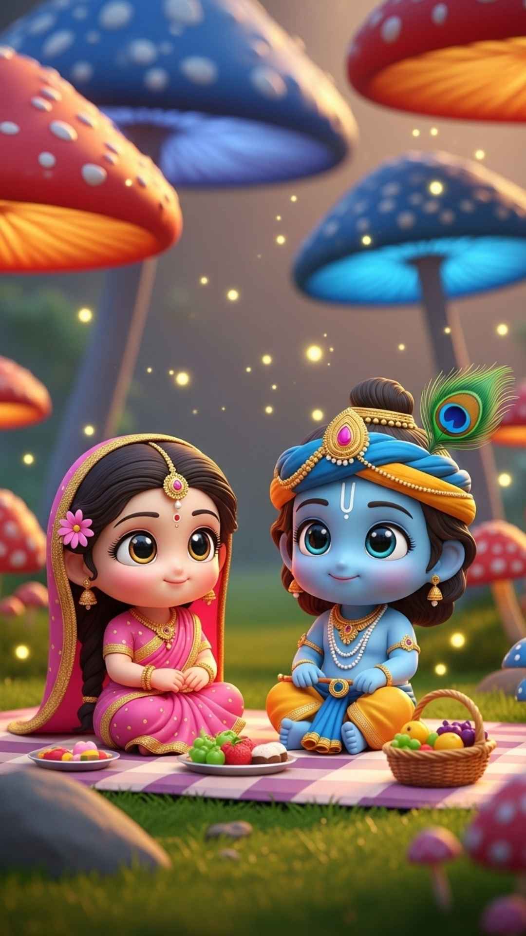 Chibi Radha and Krishna having a picnic in a fantasy world, a cute and magical wallpaper.