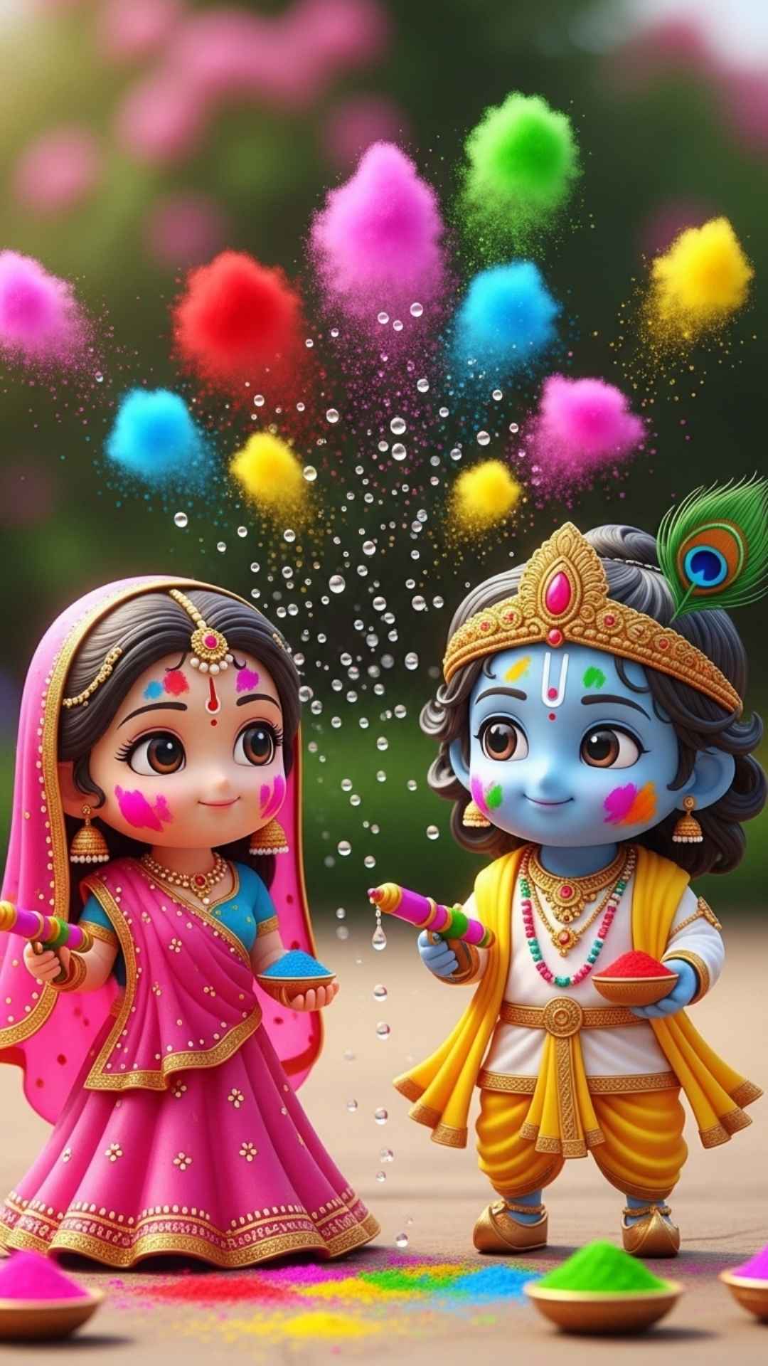 Cheerful chibi Radha and Krishna celebrating Holi, a cute and colorful image for the festival