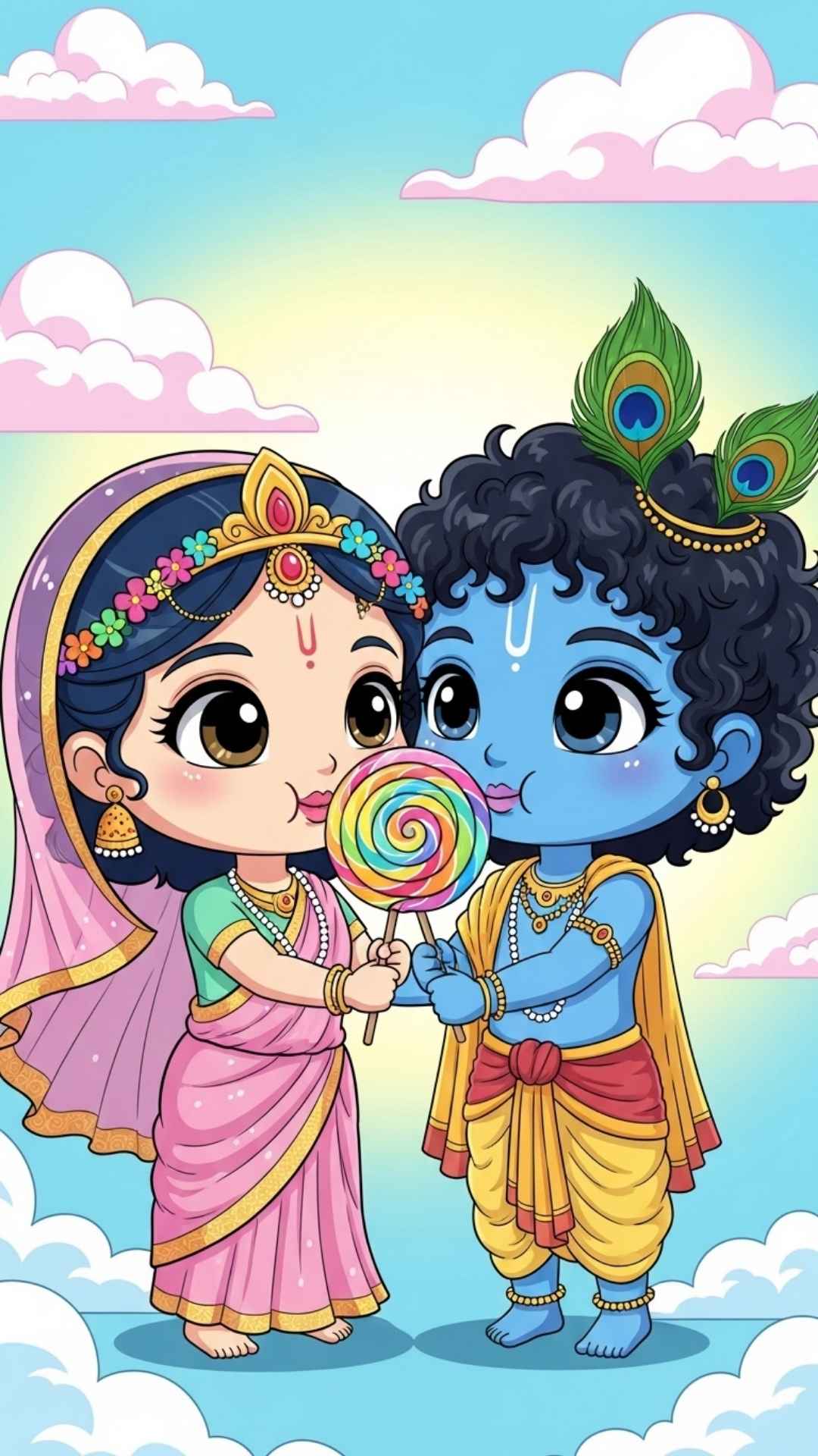 Cute chibi Radha and Krishna sharing a lollipop, a joyful and adorable digital art wallpaper for mobile