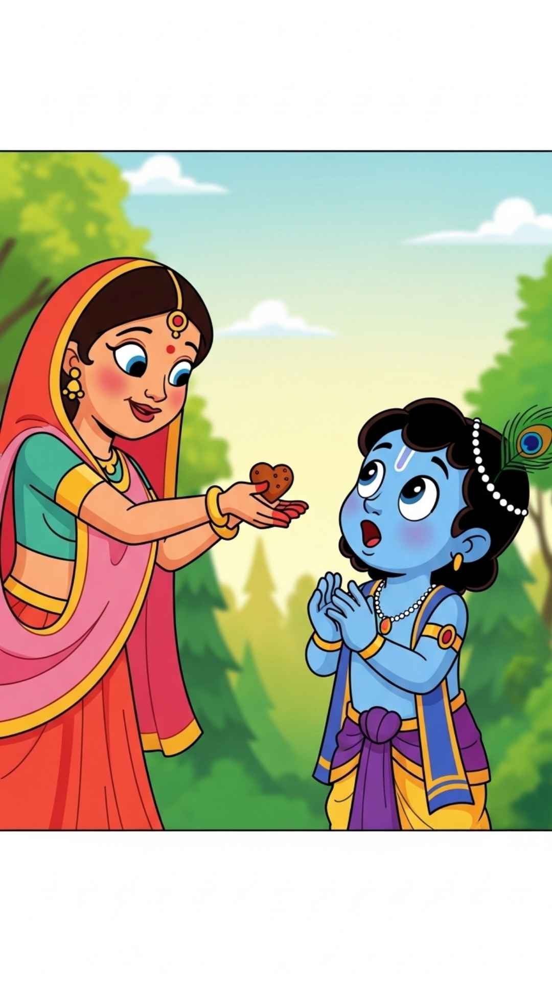 Chibi Radha and Krishna flying on a cartoon peacock, a cheerful and magical profile picture.