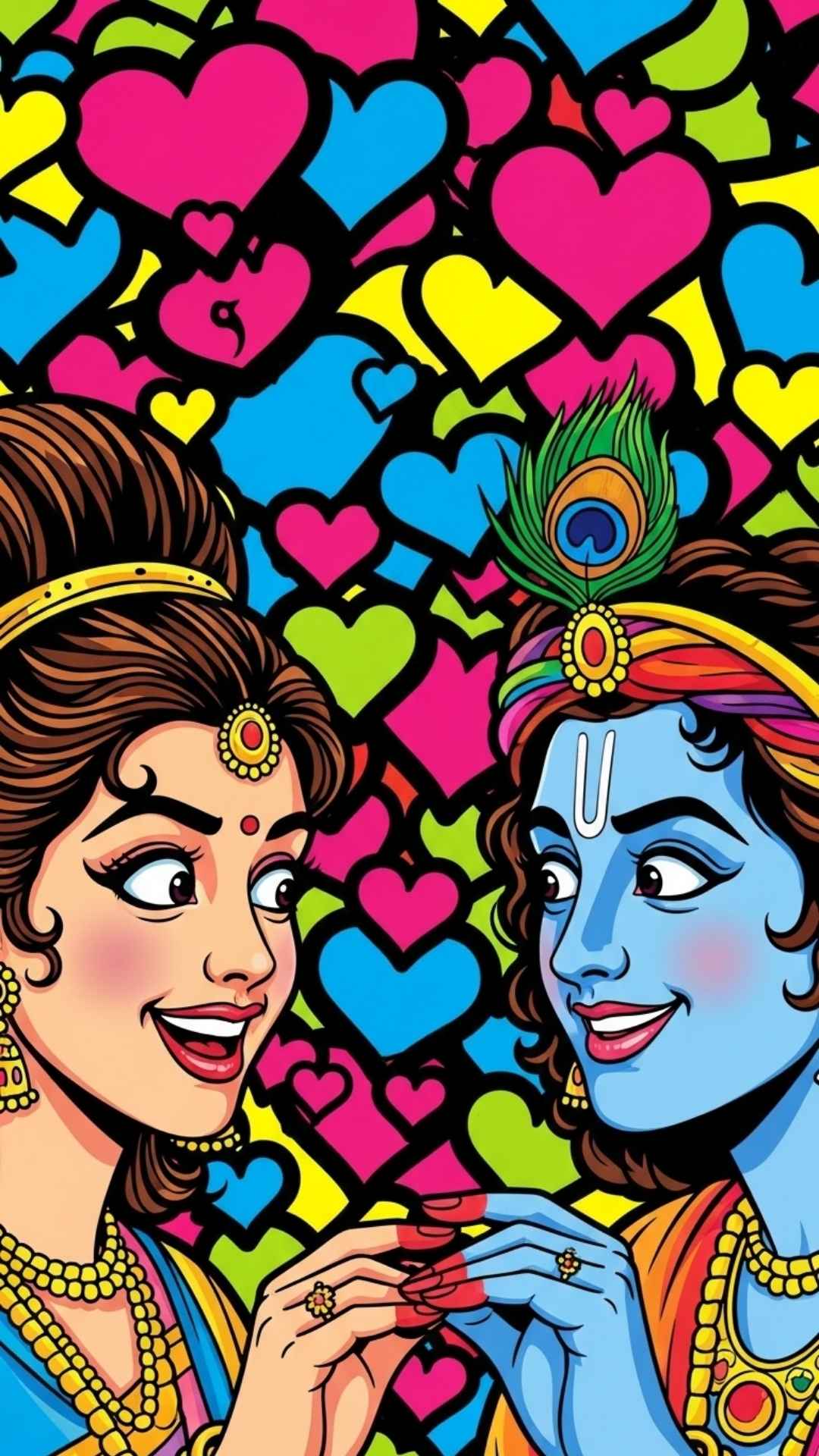 Cute image of Krishna offering a feather to a smiling Radha, a sweet and innocent gesture.
