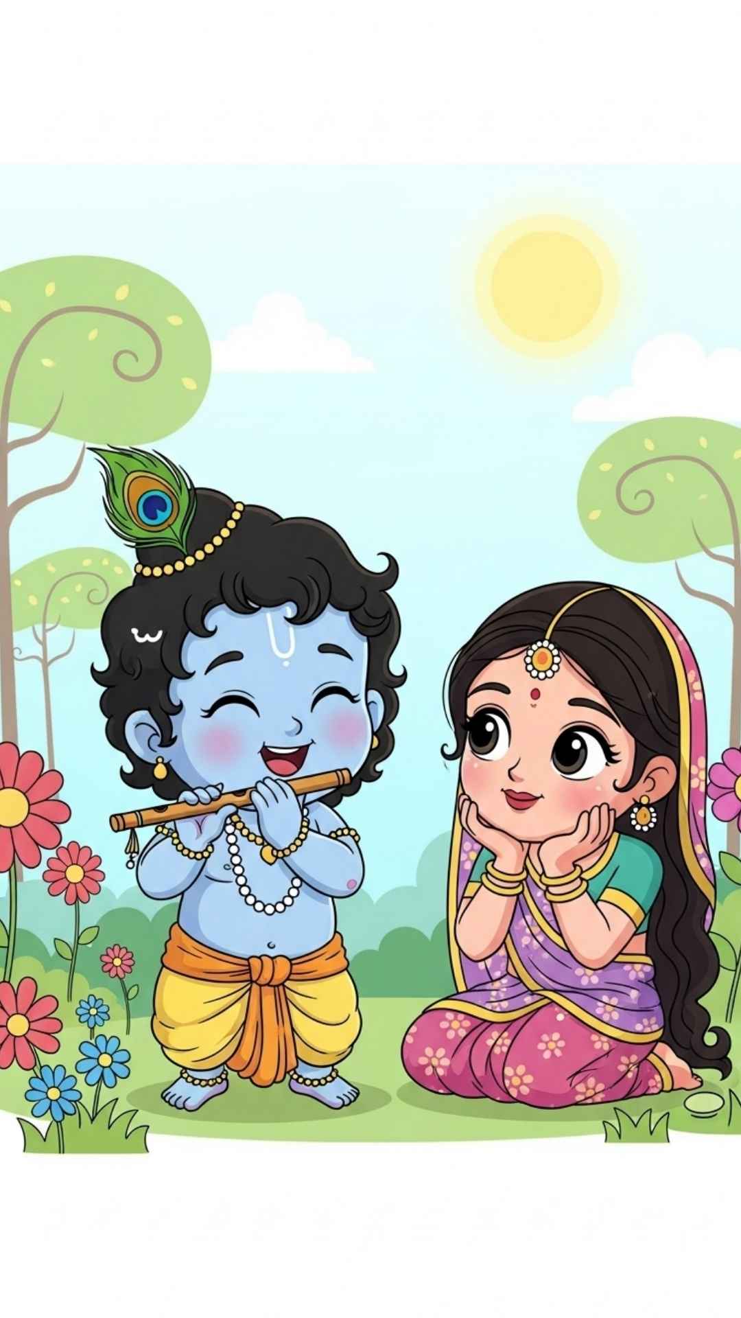 Cute cartoon Krishna playing a tiny flute for Radha, a sweet and youthful image of music and love
