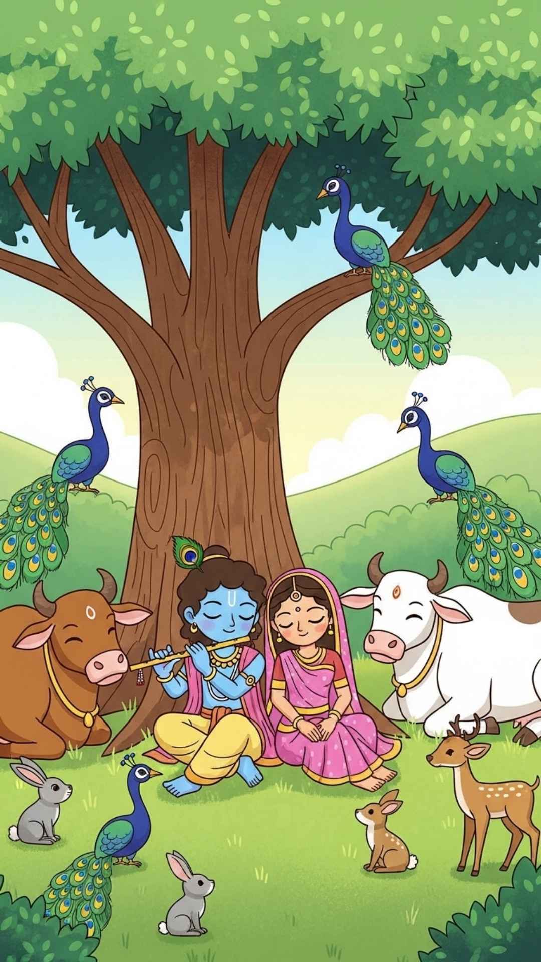 Cute illustration of Radha and Krishna with cartoon animals, a simple and serene image for kids