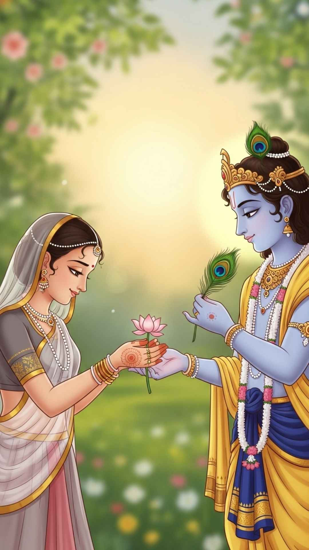 Youthful Radha offering a flower to Krishna, a sweet and tender cartoon-style profile picture.
