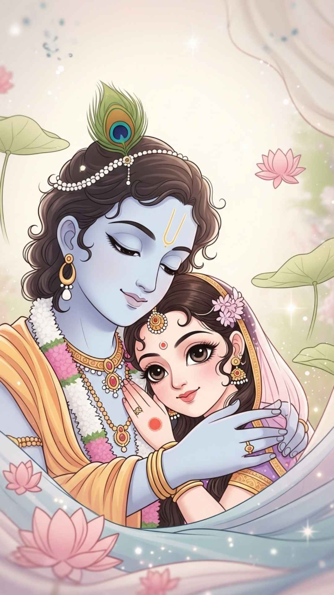 Adorable drawing of youthful Radha resting her head on Krishna's shoulder, a peaceful and intimate moment