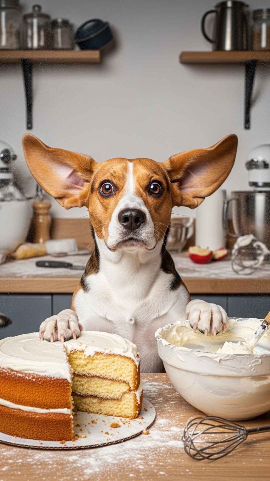 A beagle dog on a kitchen counter with a guilty, shocked expression after eating a cake, surrounded by baking mess