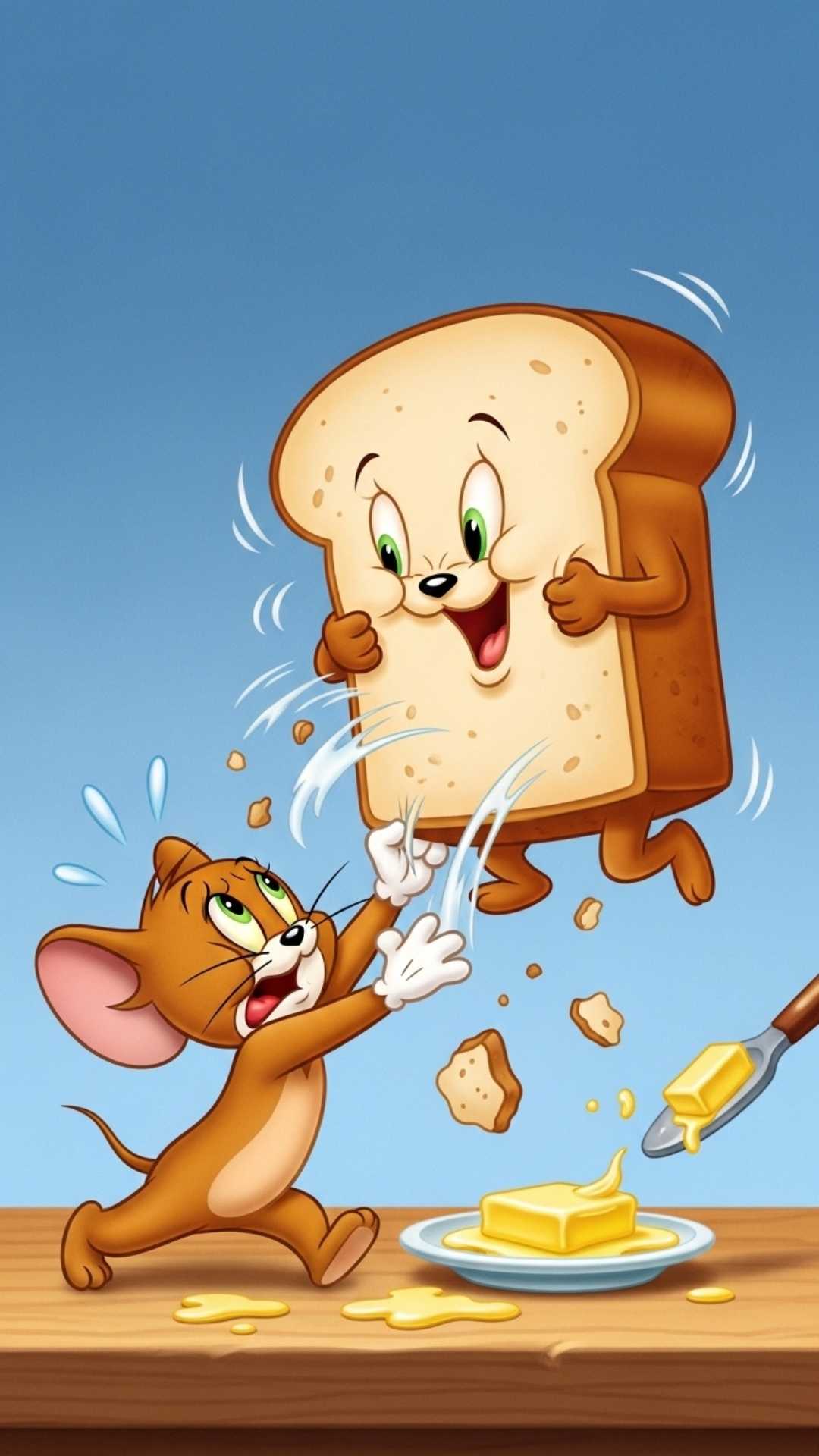 A classic cartoon-style mouse with a panicked expression trying to wrestle a giant, animated slice of bread on a kitchen table