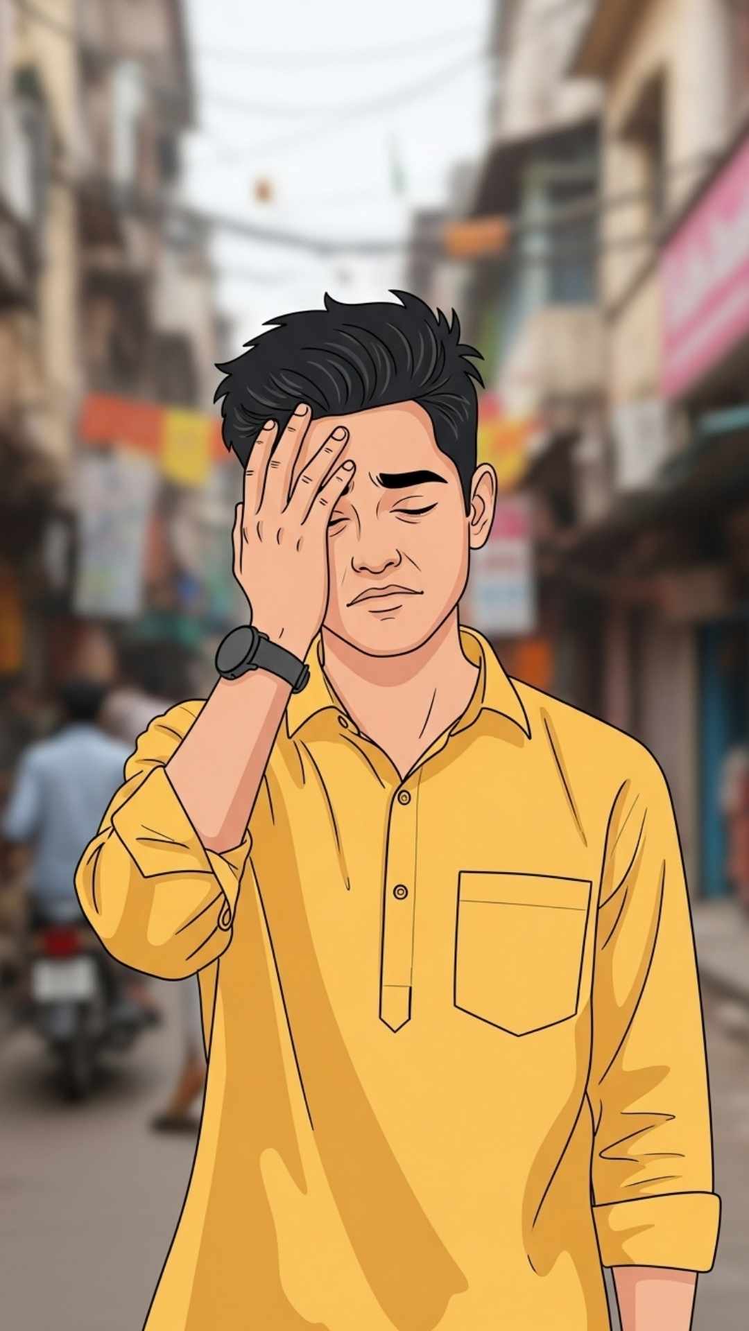 A modern cartoon illustration of a young Indian man with a classic "facepalm" expression against a blurred, colorful street scene