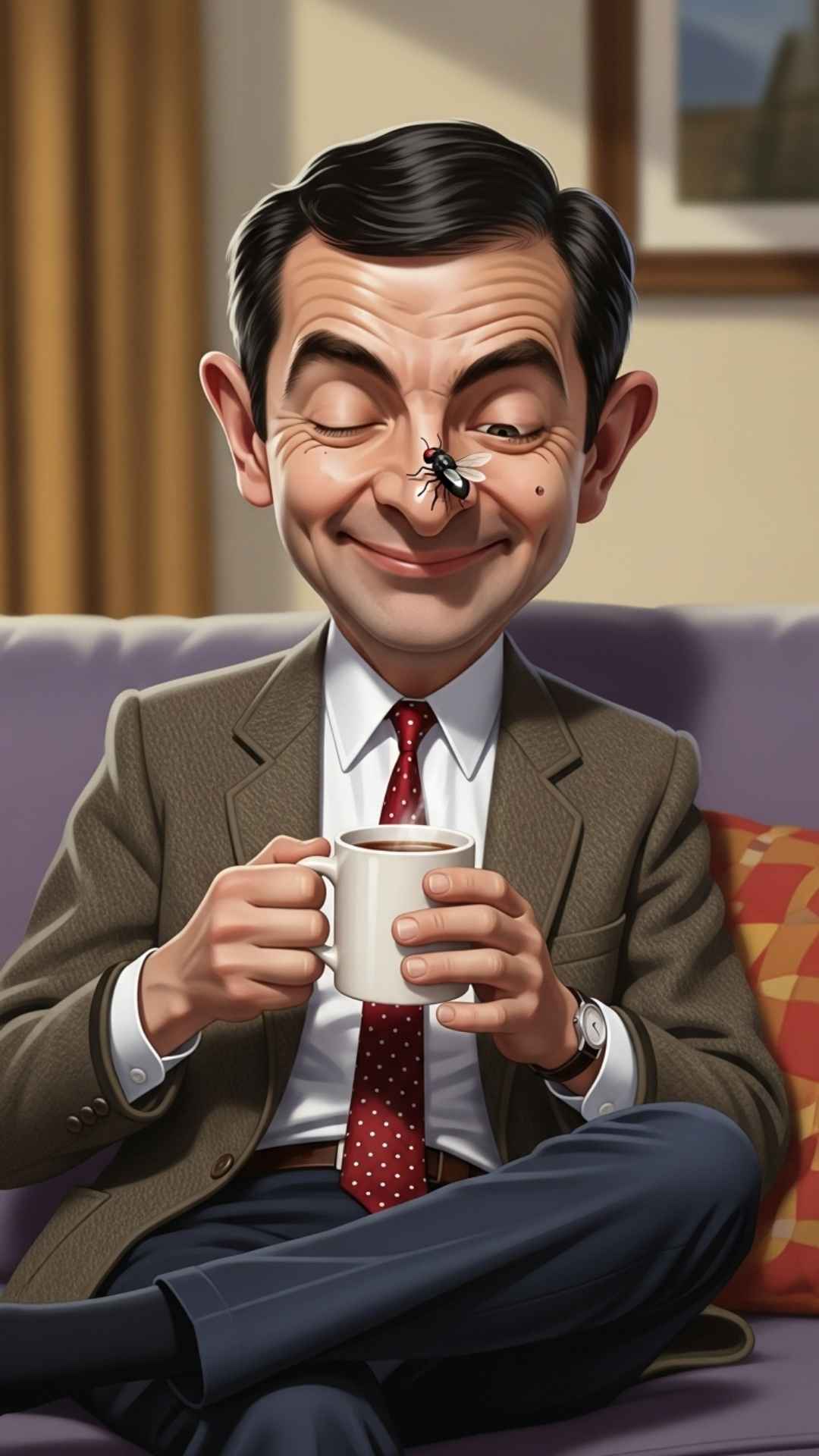 A funny cartoon character with a look of extreme disgust, reacting to a fly landing on his nose while he is relaxing on a sofa