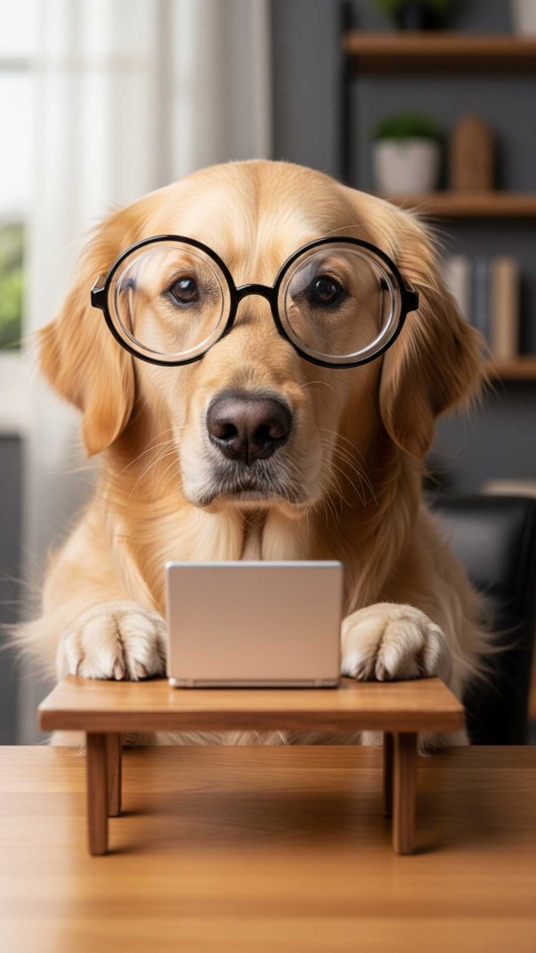 A golden retriever dog wearing large glasses, sitting at a desk and looking at a tiny laptop with a serious, confused expression