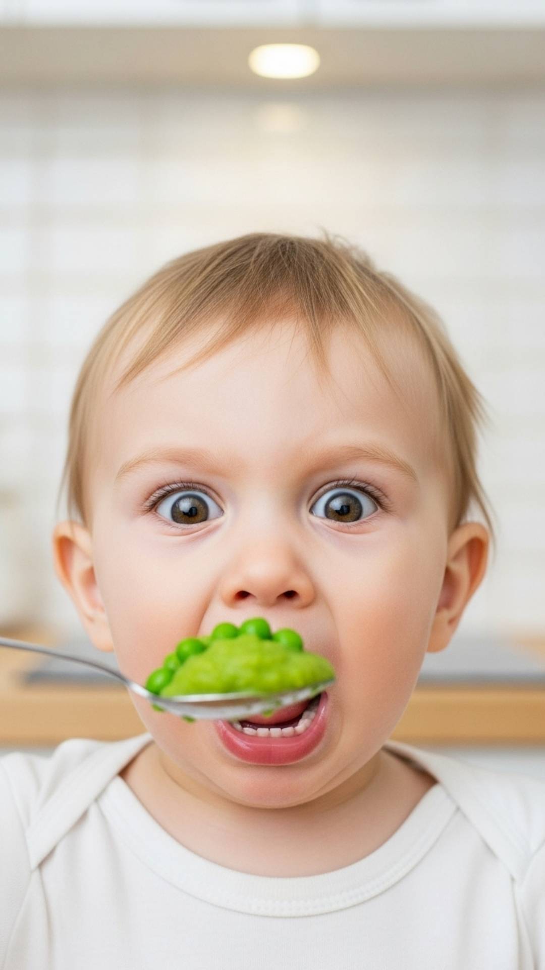 A close-up photograph of a toddler with wide eyes and a comically exaggerated expression of shock and slight disgust. The baby's mouth is open in an "O" shape, its eyebrows are raised, and its nose is slightly crinkled. A small, silver spoon holding a dollop of vibrant green pureed peas is suspended mid-air just inches in front of the toddler's face, casting a subtle shadow. The background is a brightly lit, clean kitchen with out-of-focus white cabinets and warm wooden countertops, hinting at a cozy domestic setting. The lighting is soft and natural, highlighting the texture of the baby's skin and the sheen of the peas. The image captures a heartwarming and humorous candid moment