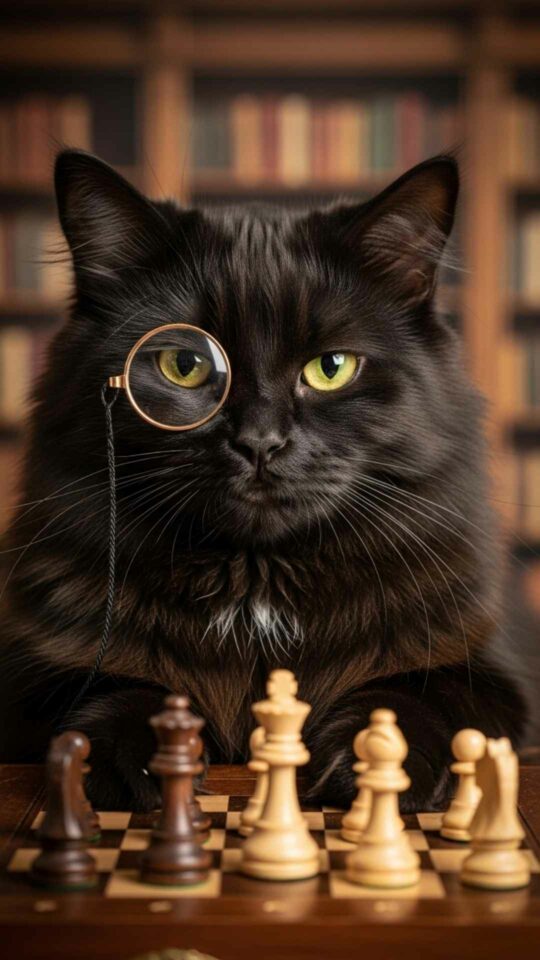 A black cat wearing a monocle and a serious, annoyed expression, sitting with its paws on a chess board in a library.