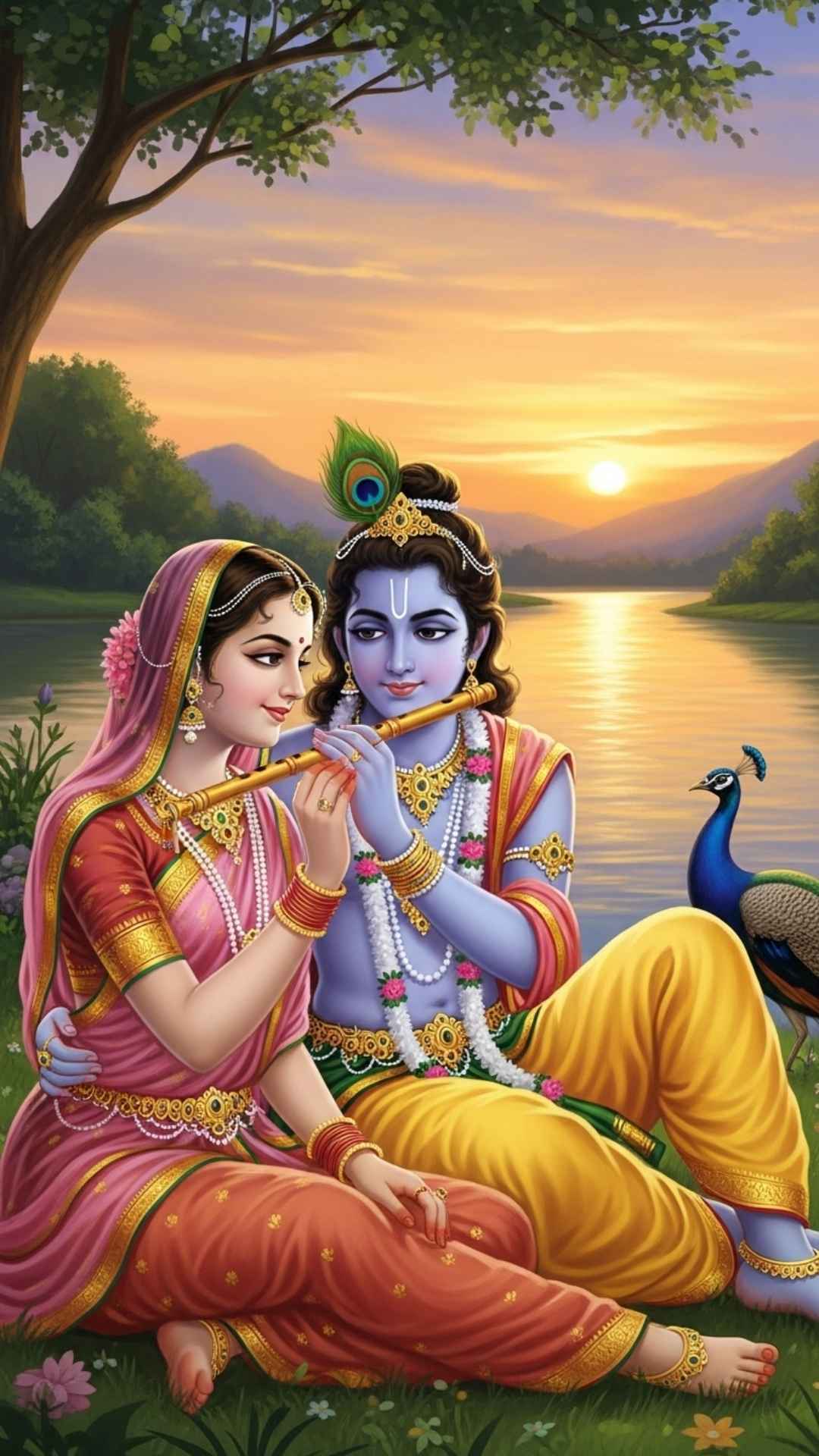 Happy Radha and Krishna laughing under a banyan tree, symbolizing joy and playful love