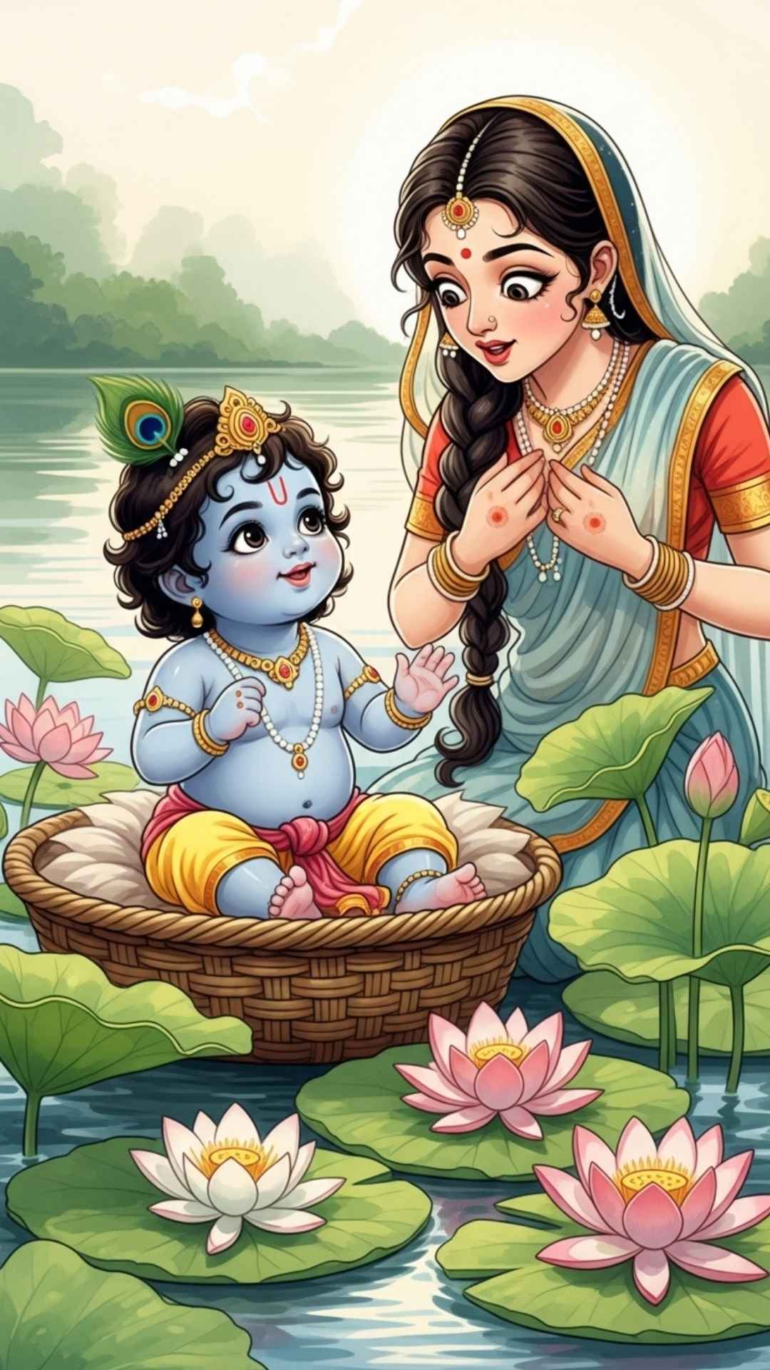 Innocent illustration of a cute Krishna in a basket with Radha, a beautiful and adorable divine moment