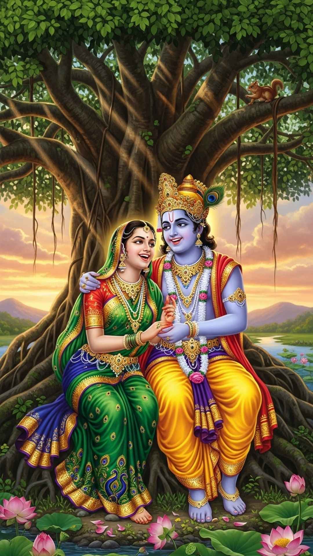 Krishna playing flute for a smiling Radha by a river at sunset, symbolizing tranquility and eternal affection