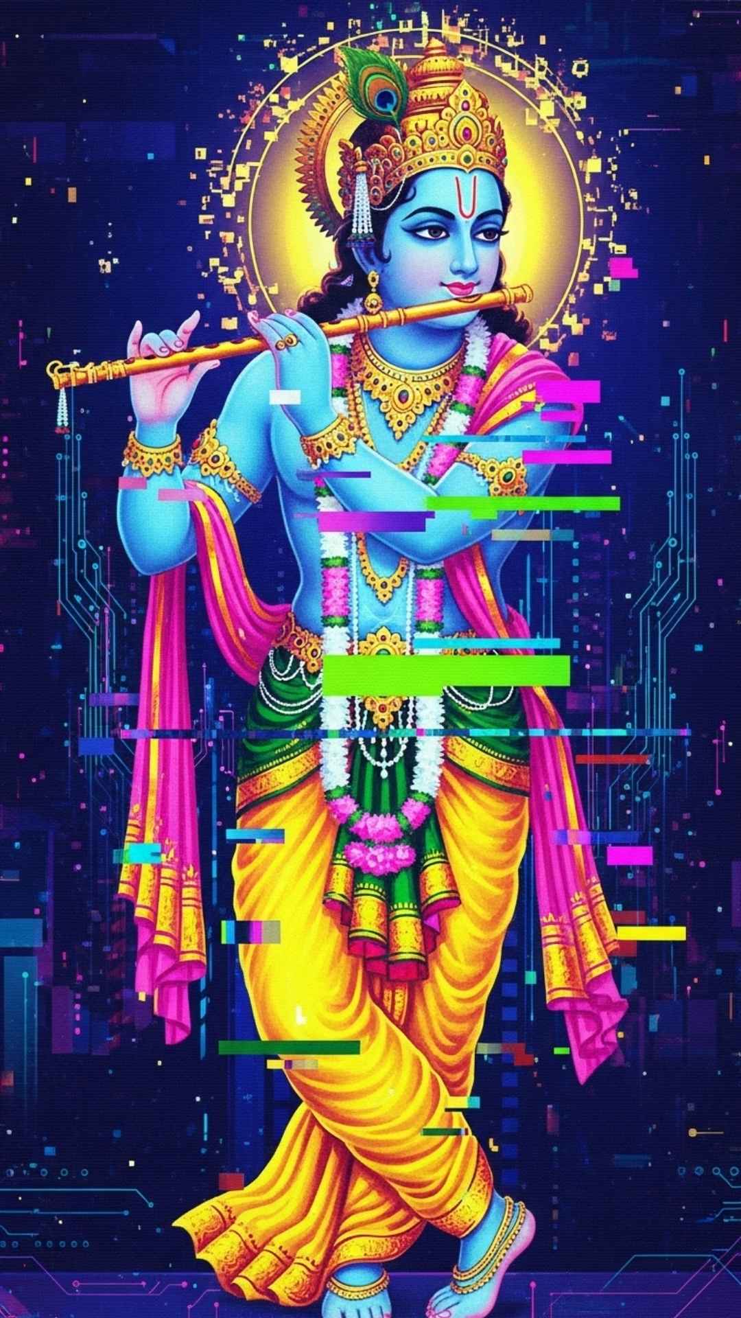 Glitch art of Krishna playing the flute, a unique blend of digital aesthetic and traditional deity