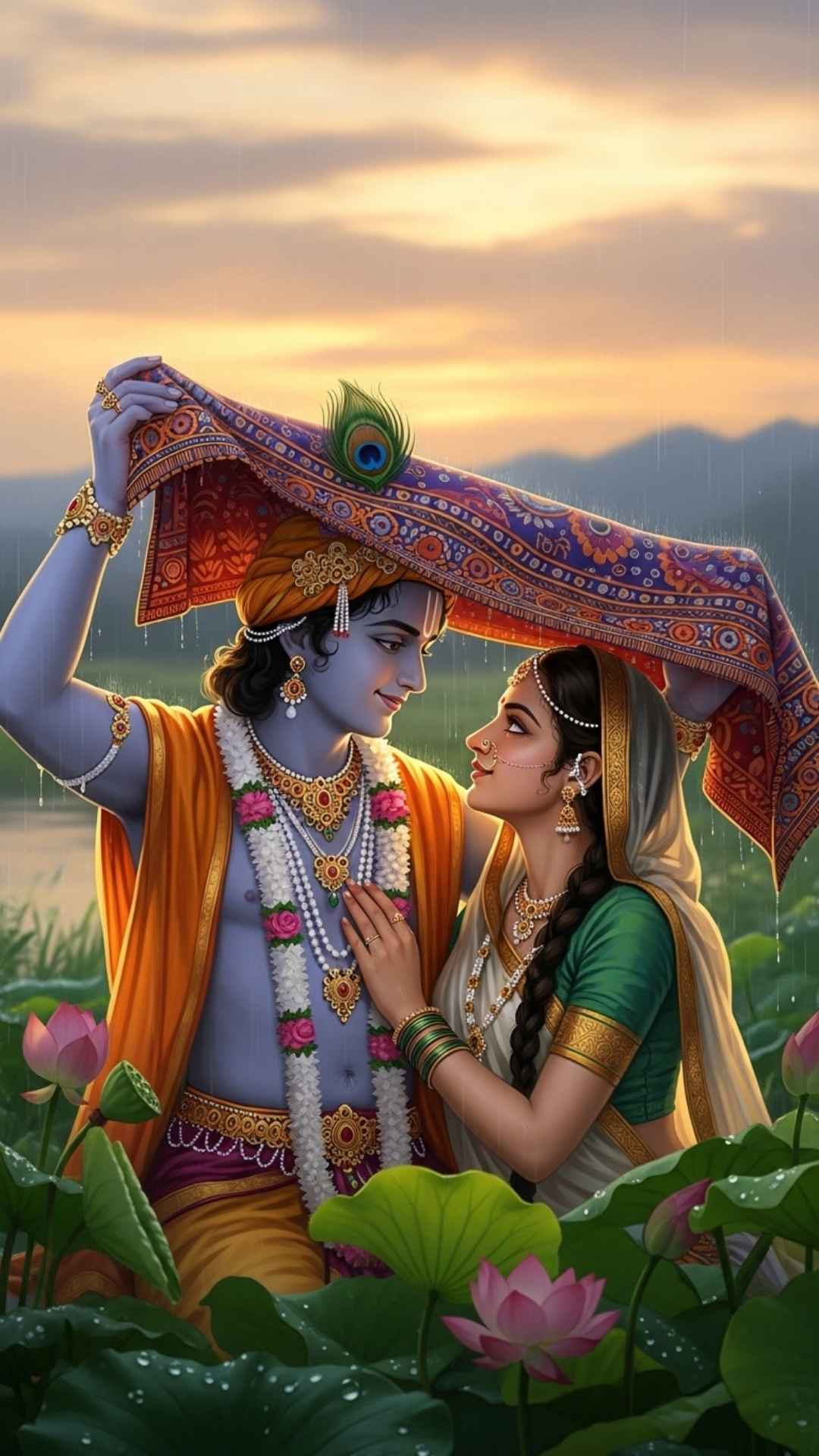Krishna shielding Radha from rain, symbolizing a tender, intimate moment of protection and affection