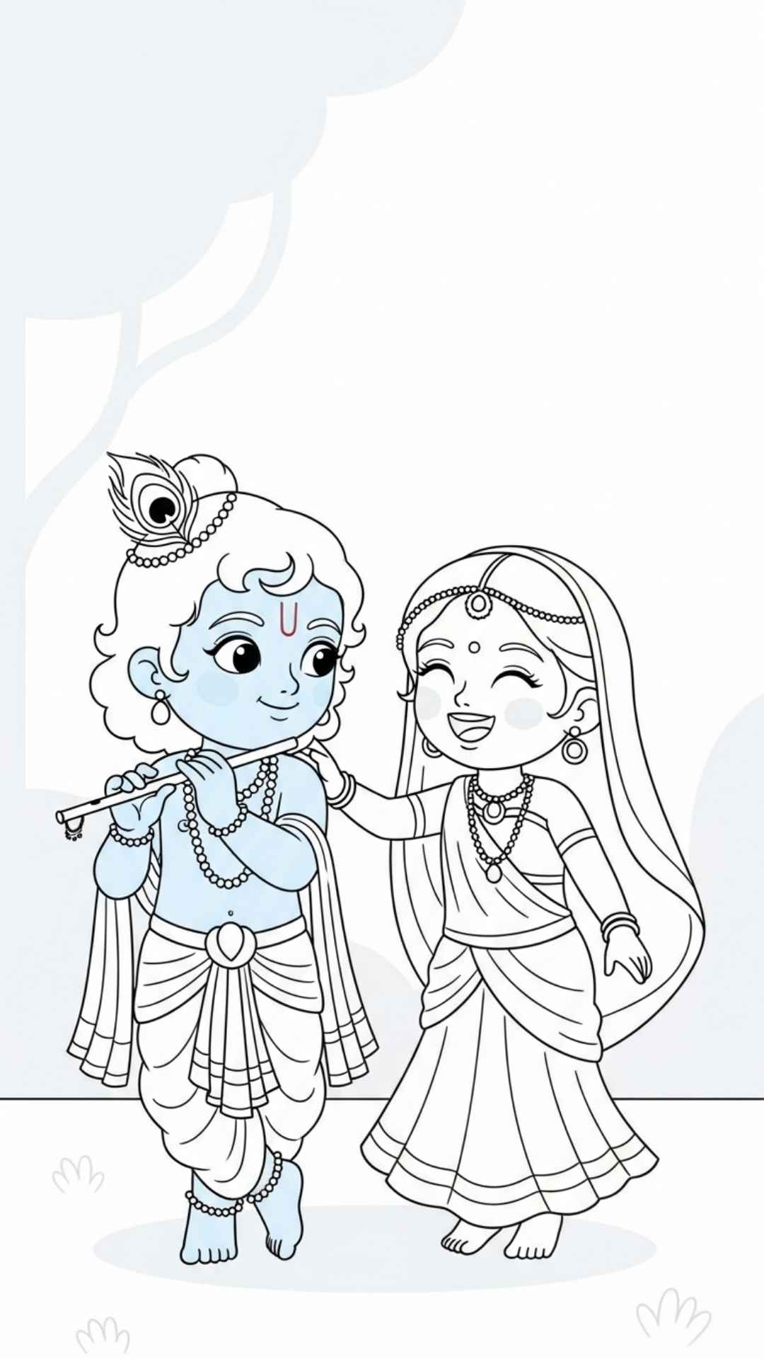Modern line-art of little Radha and Krishna, a clean and youthful aesthetic