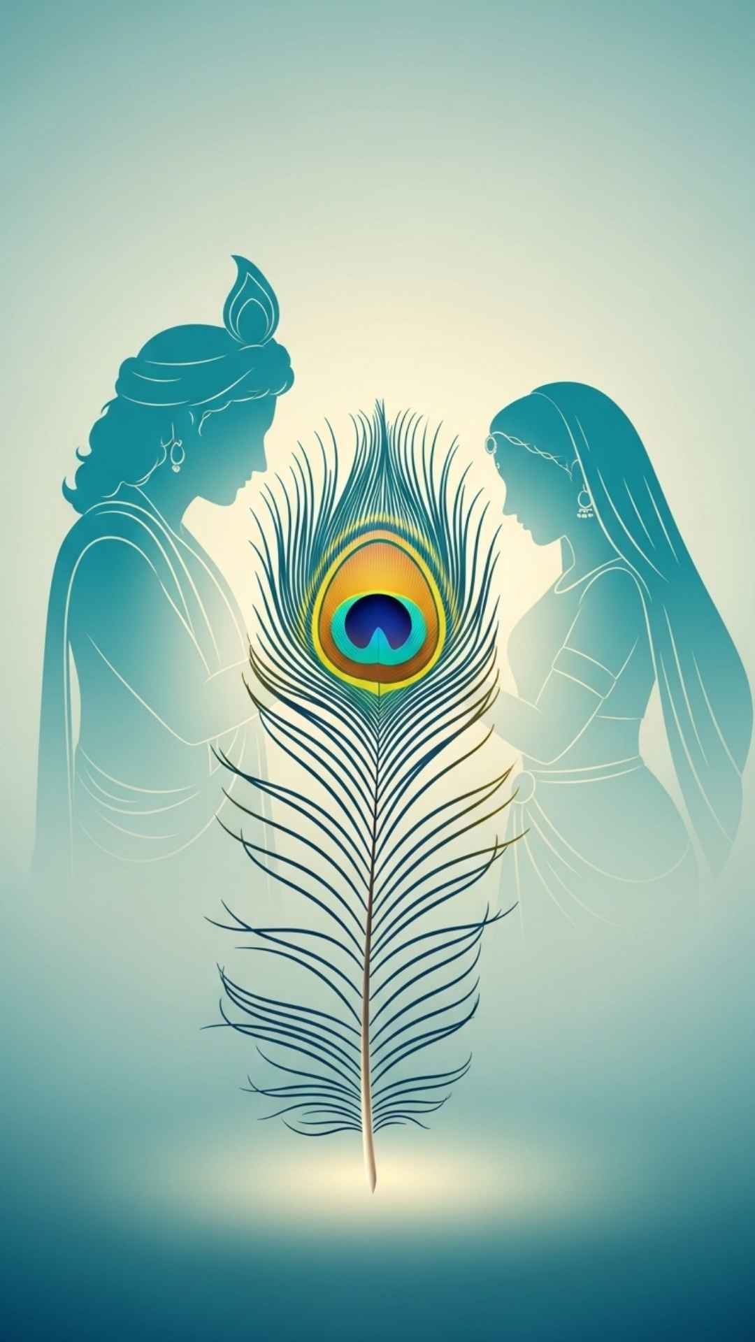 Minimalist wallpaper with a central peacock feather and blurred Radha Krishna silhouettes, a symbolic aesthetic.