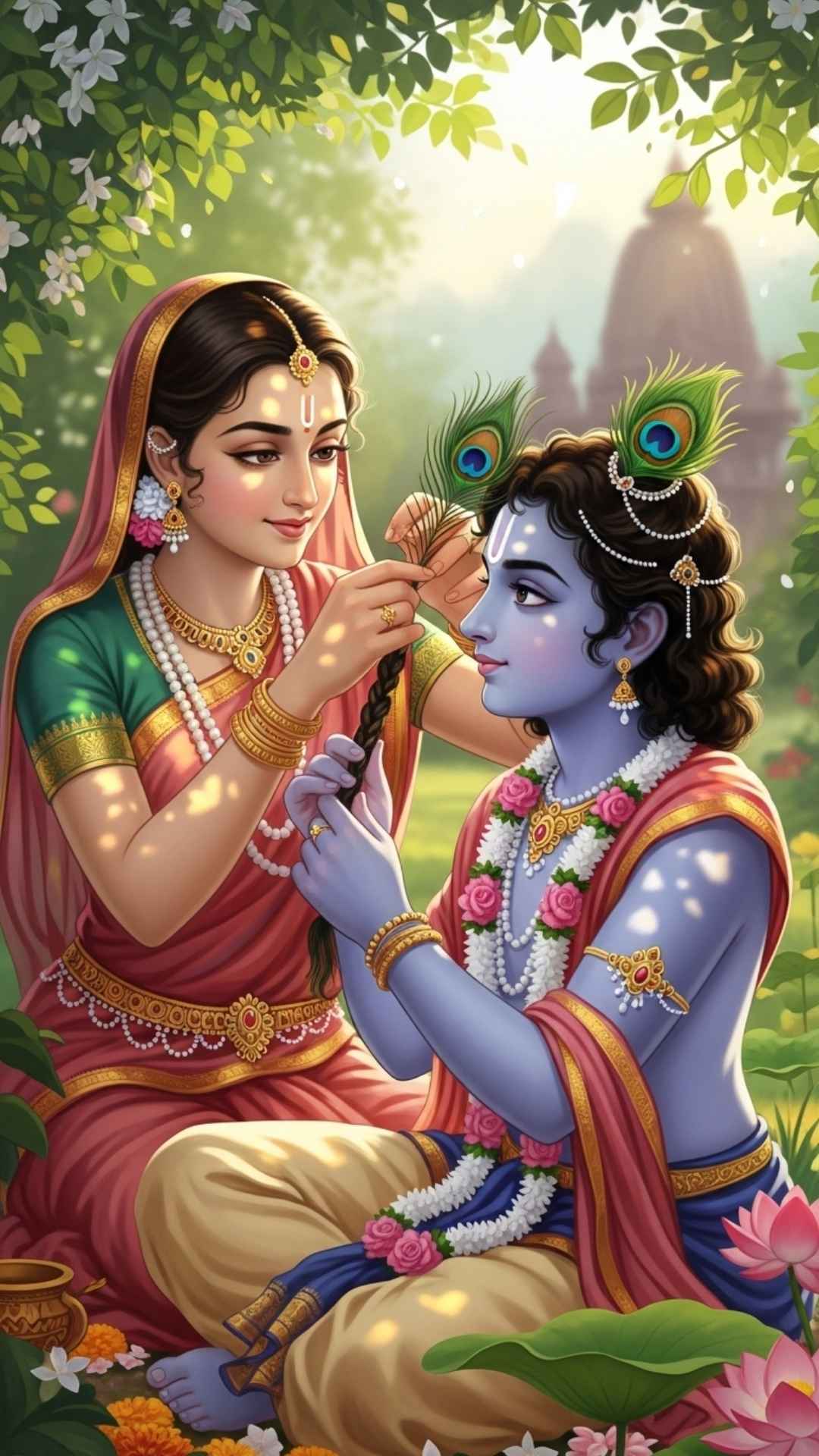 Radha braiding a peacock feather into Krishna's hair, a sweet and tender moment of care