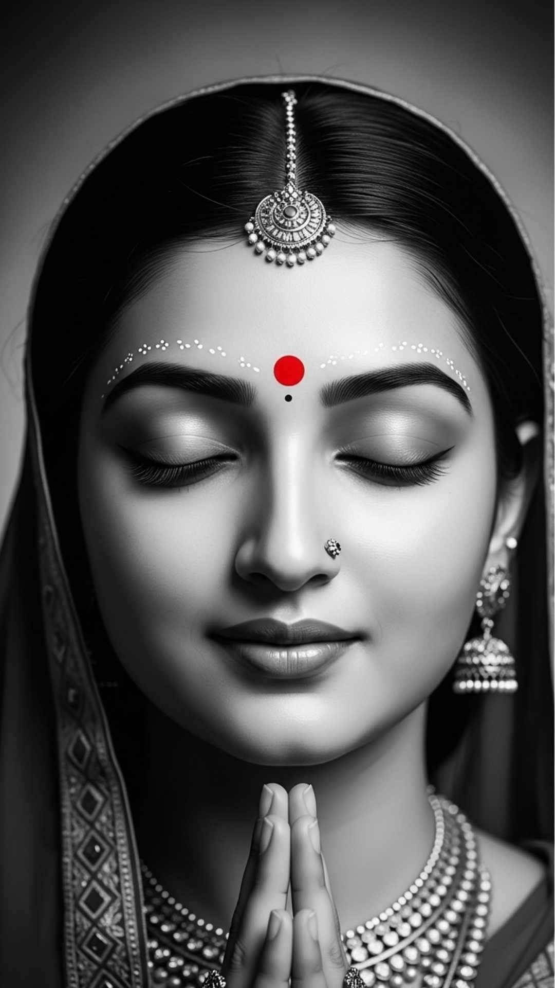 Black-and-white minimalist wallpaper of Radha Krishna with a single pop of color, high-contrast aesthetic