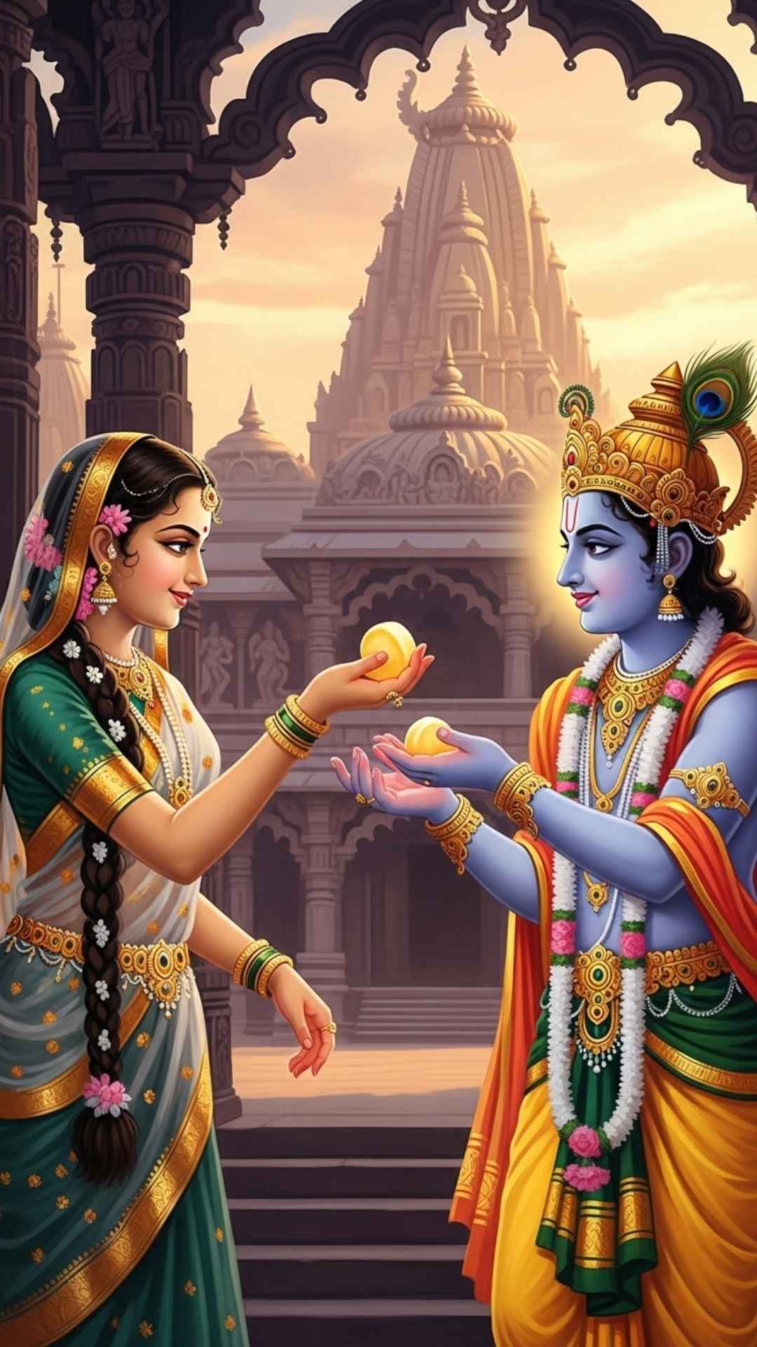 Radha feeding Krishna butter, a classic image of pure love and care in a traditional setting