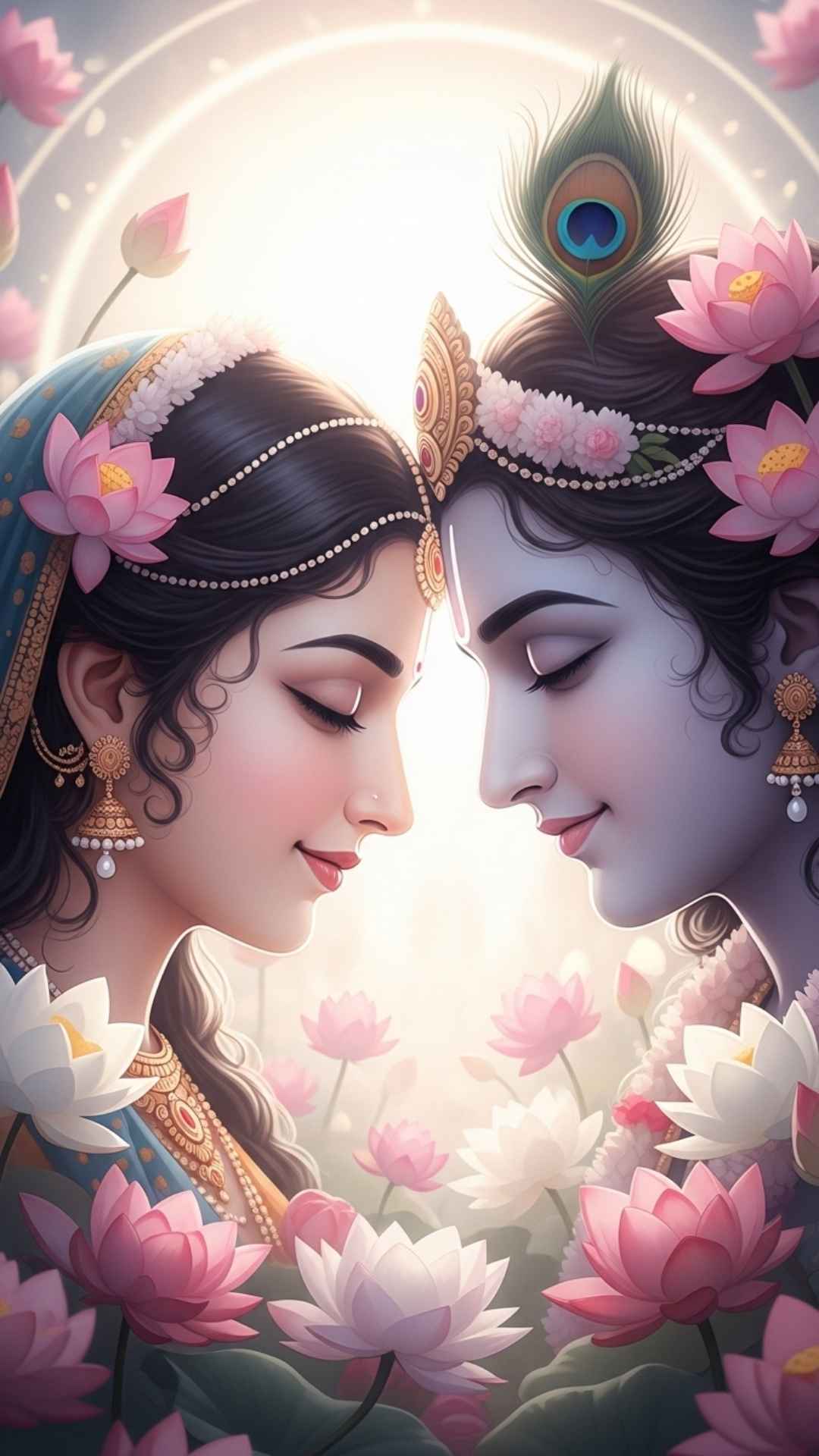 Close-up of Radha and Krishna with foreheads touching, symbolizing deep spiritual connection and unconditional love