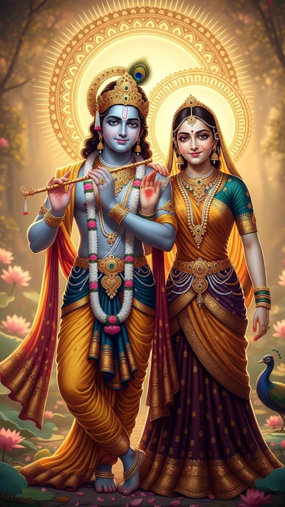 Golden-hued image of Radha and Krishna with a divine halo, symbolizing their supreme, sacred love