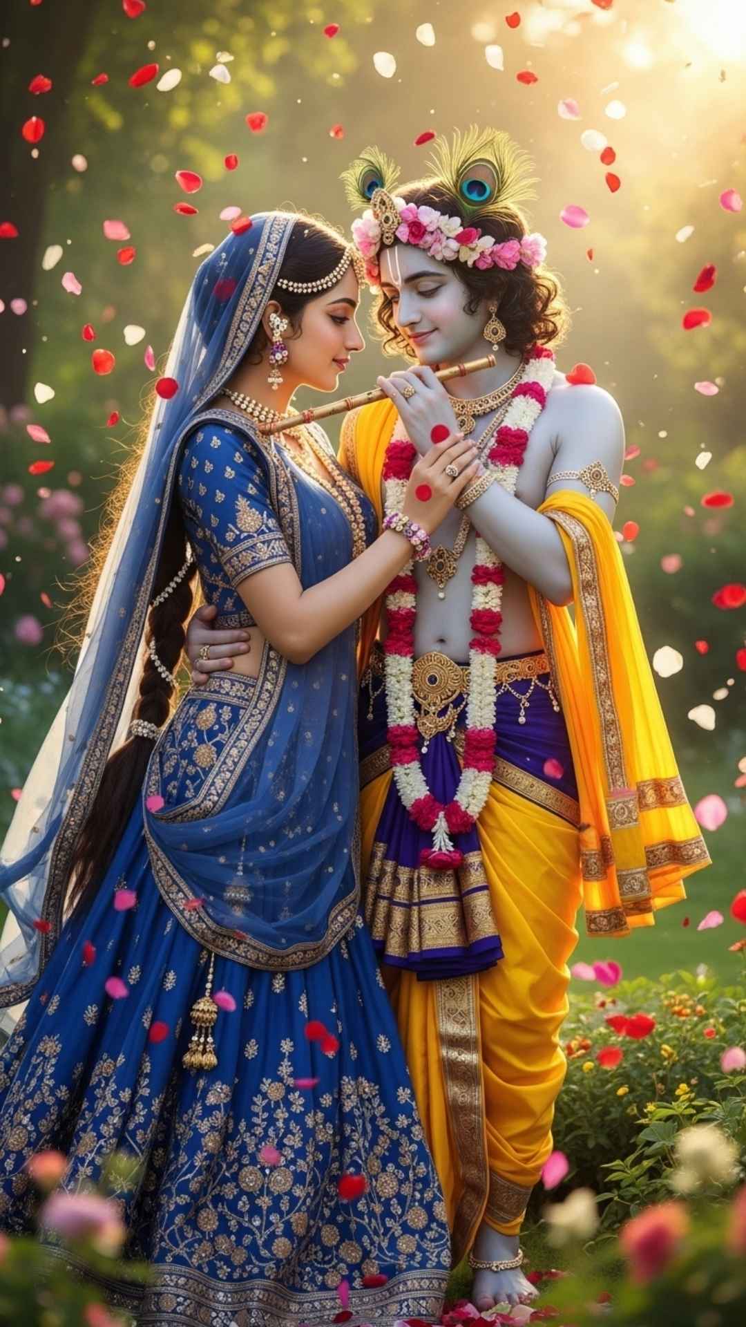 Radha and Krishna in a loving embrace with roses falling, symbolizing blessings and divine love