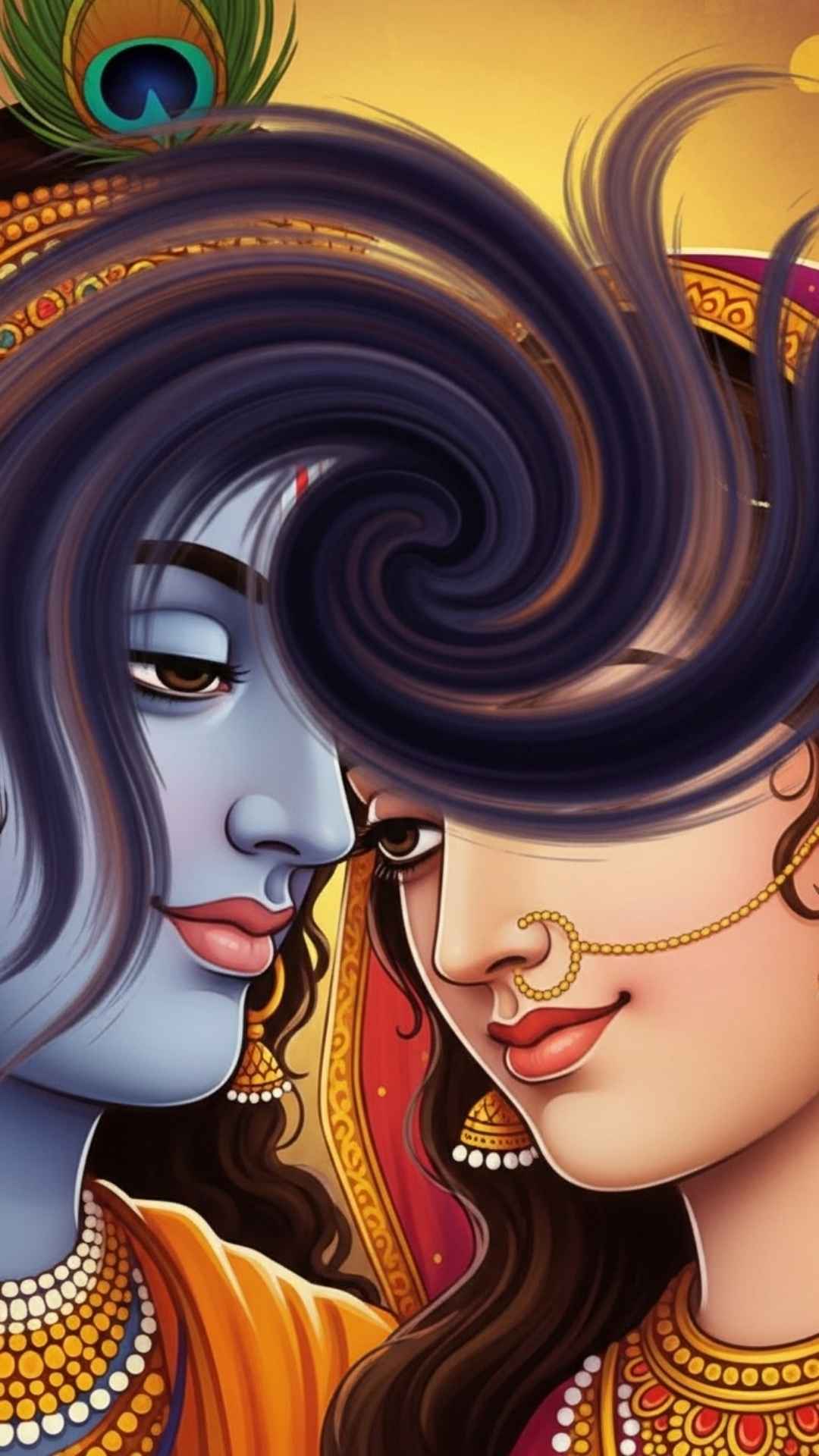 Textured image of Radha Krishna's faces partially obscured by a smoke-like brushstroke, mysterious and aesthetic