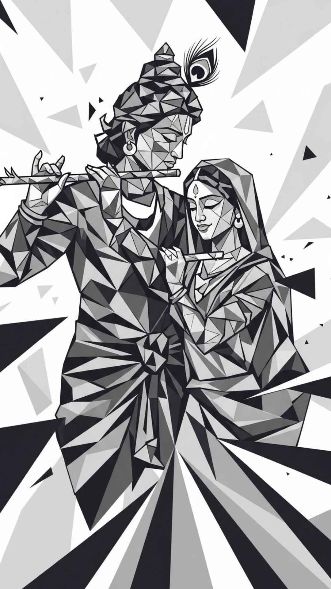 Geometric abstract wallpaper of Radha Krishna, modern and clean style with a monochromatic color scheme