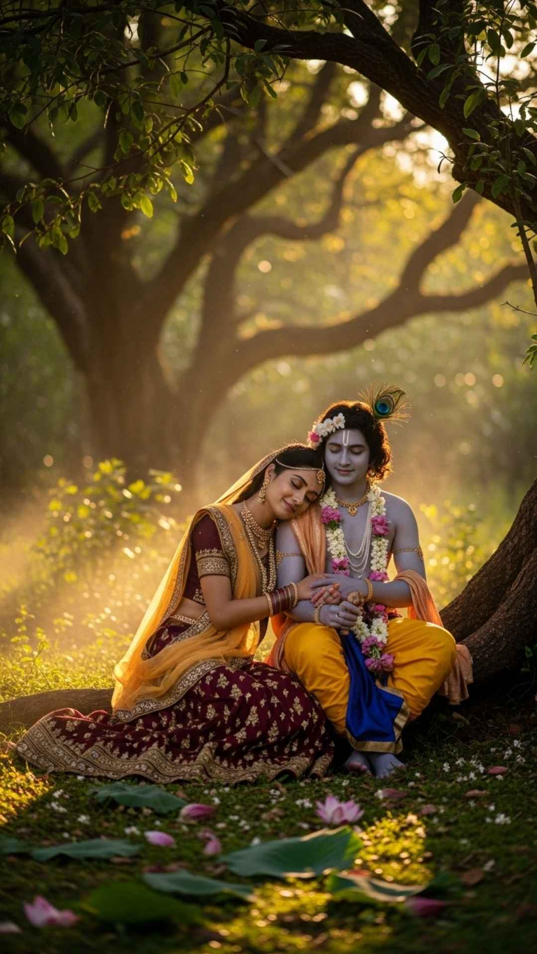 Radha and Krishna in a golden-hour forest, symbolizing serene romantic love and divine peace
